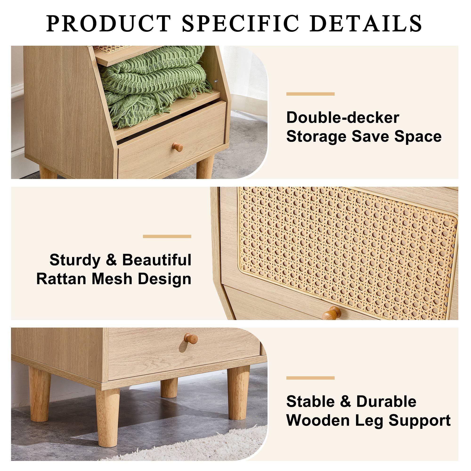 Modern simpleStorage cabinet MDF Board bedside cabinet Japanese rattan bedside cabinet Small household furniture bedside table.Applicable to dressing table in bedroom, porch, living room.2 Drawers