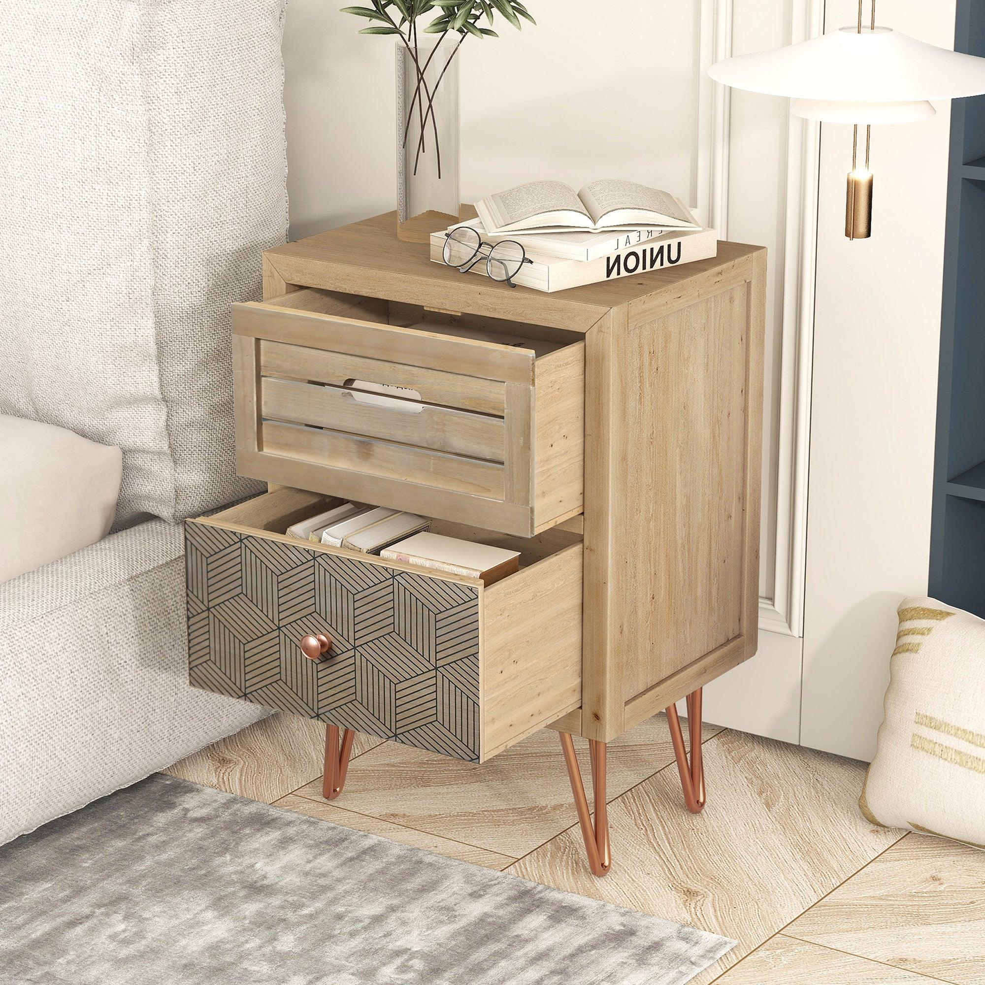 Wooden Nightstand with Two Drawer and Metal Feet Antique Style Bedside Table (Natural)