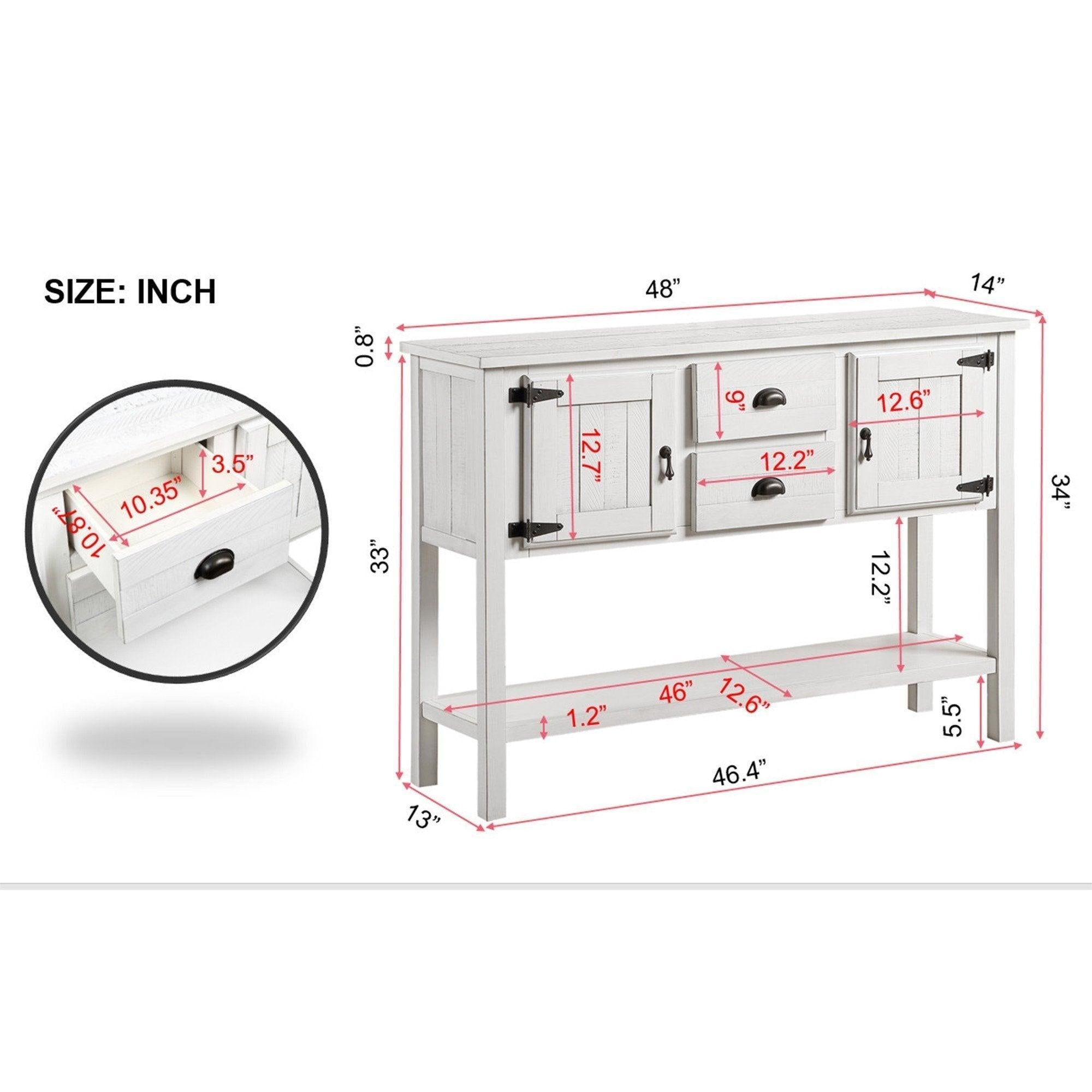 48'' Solid Wood Sideboard Console Table with 2 Drawers and Cabinets and Bottom Shelf, Retro StyleStorage Dining Buffet Server Cabinet for Living Room Kitchen Dining Room (Antique White