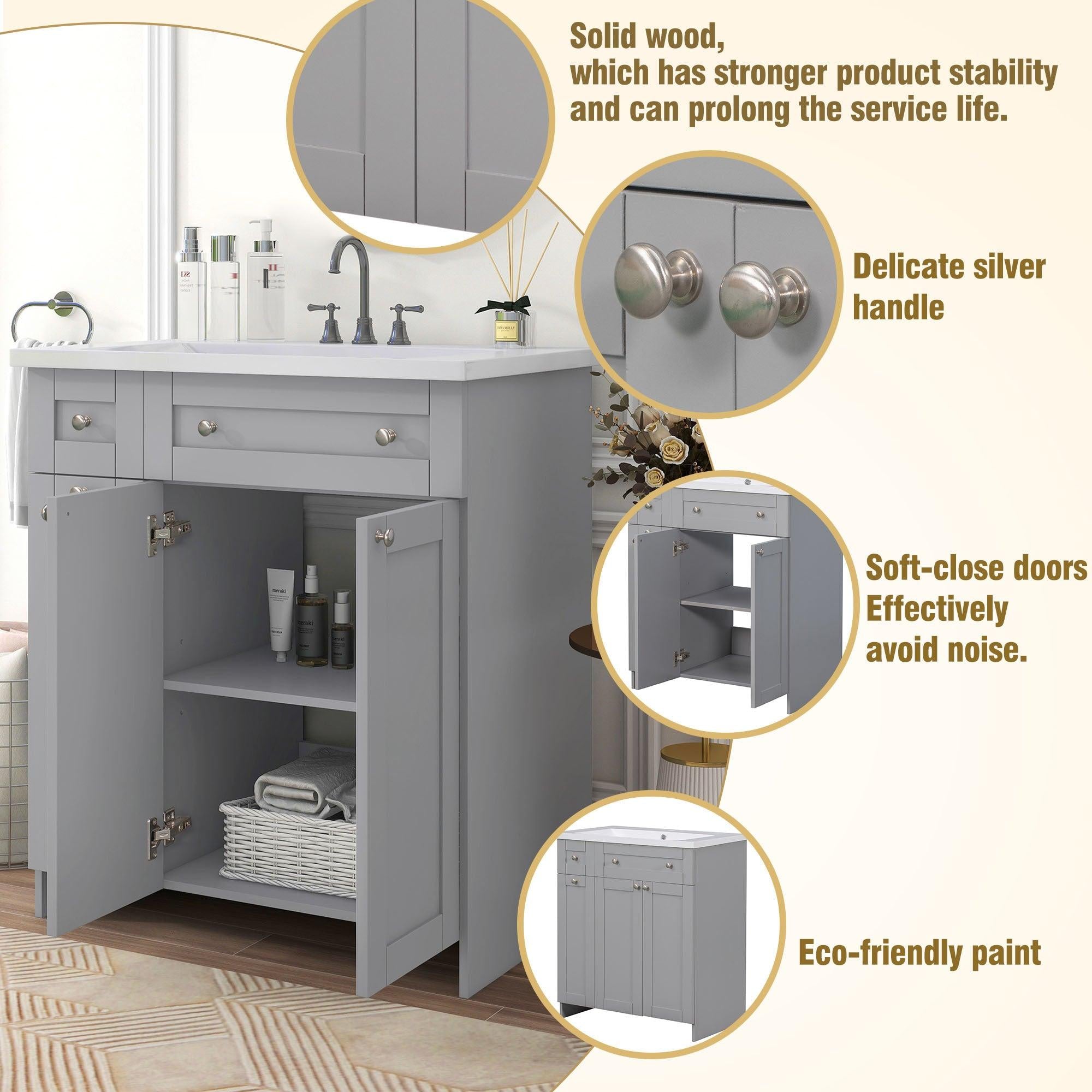 30" Bathroom vanity with Single Sink in grey,Combo Cabinet Undermount Sink,BathroomStorage Cabinet,Solid Wood Frame