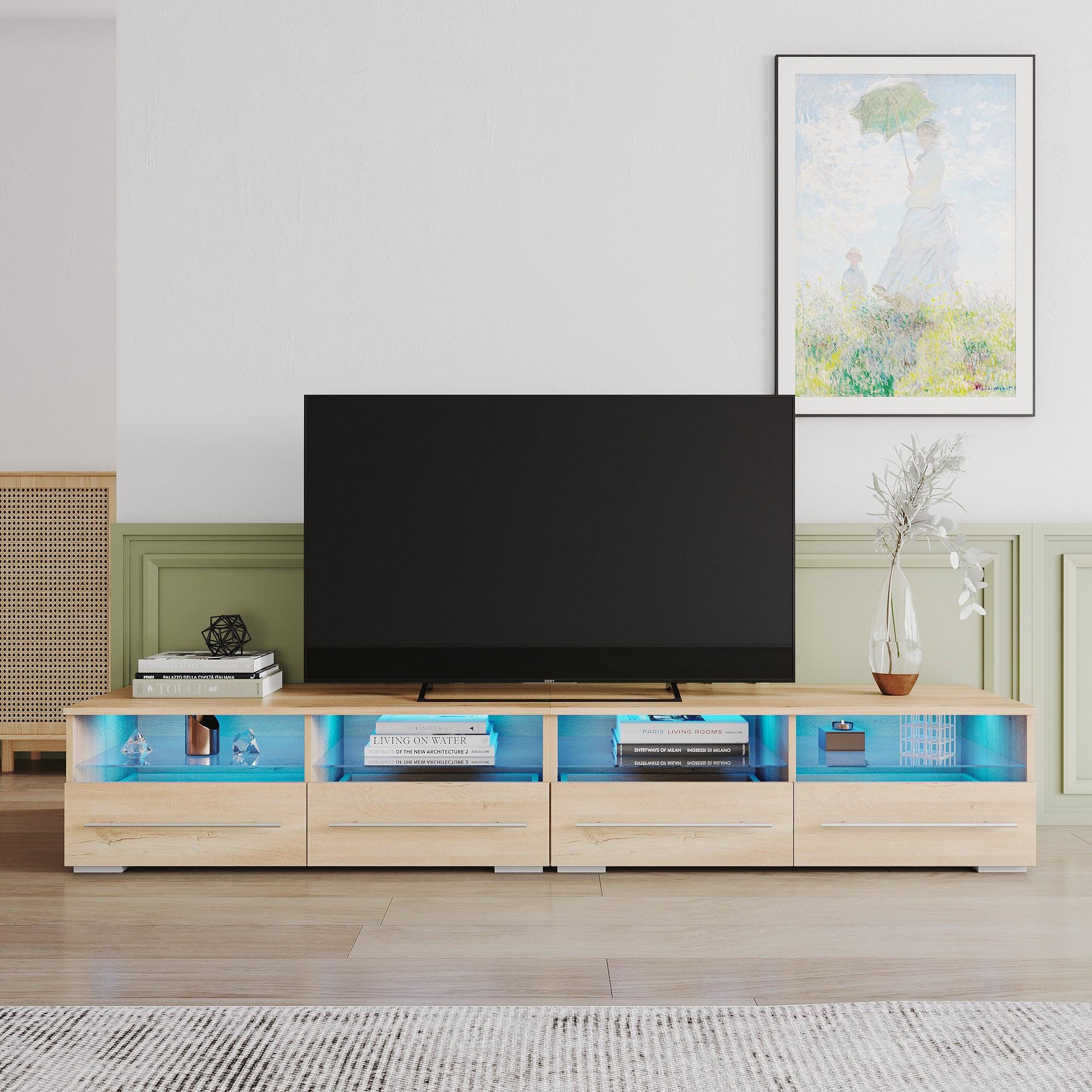 The  TV cabinet has two drawers with color-changing light strips, Rustic Oak