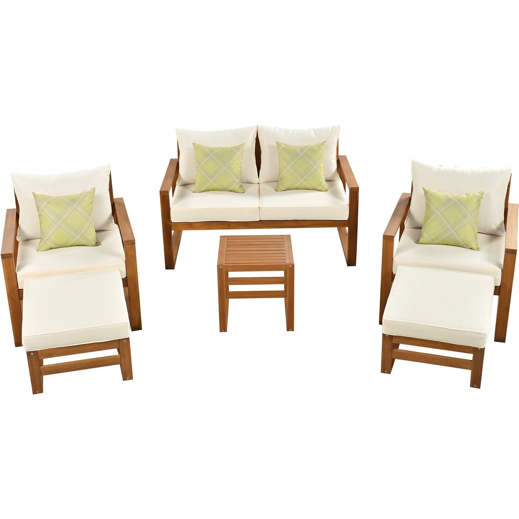 Outdoor Patio Wood 6-Piece Conversation Set, Sectional Garden Seating Groups Chat Set with Ottomans and Cushions for Backyard, Poolside, Balcony, Beige