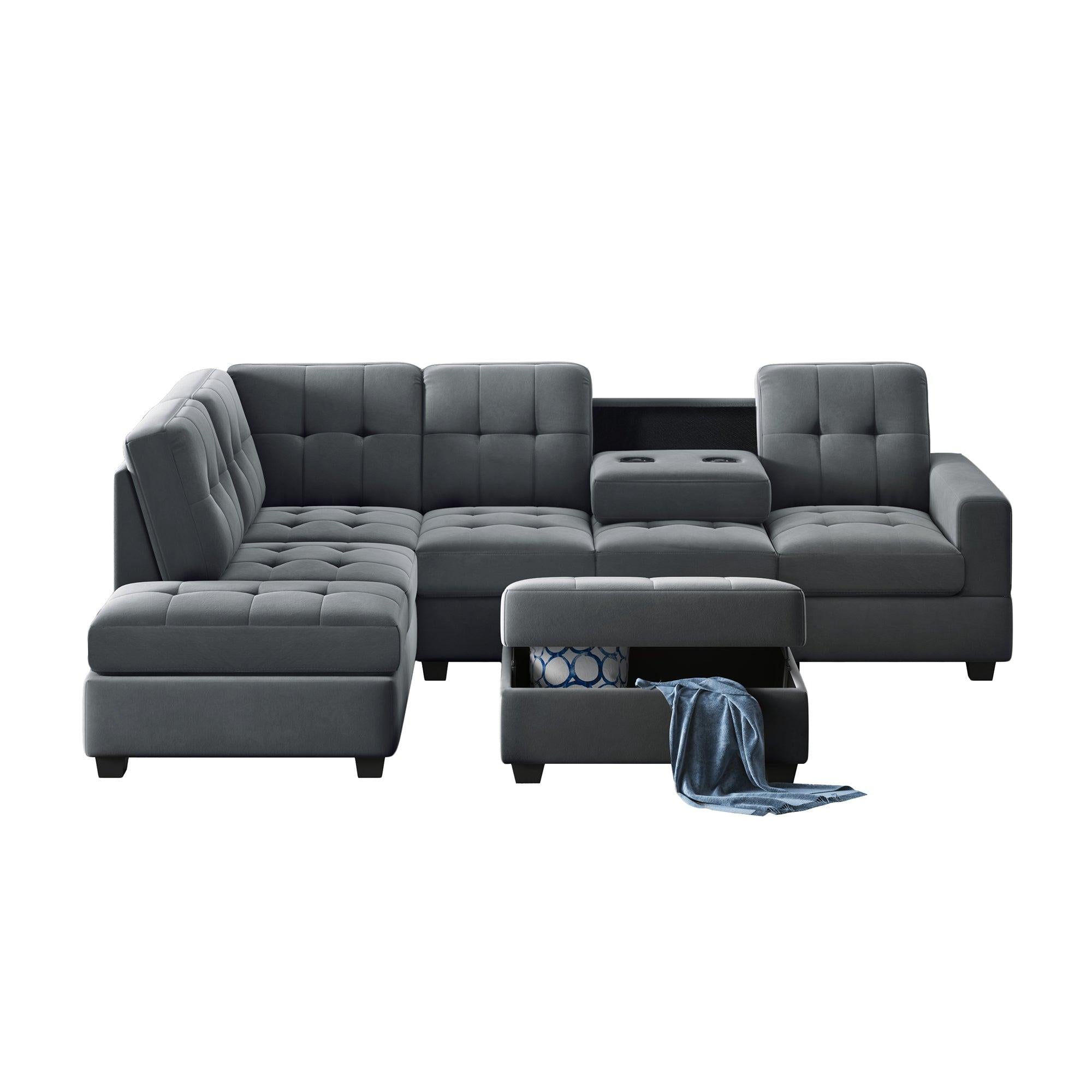 Sectional Sofa with Reversible Chaise Lounge, L-Shaped Couch withStorage Ottoman and Cup Holders