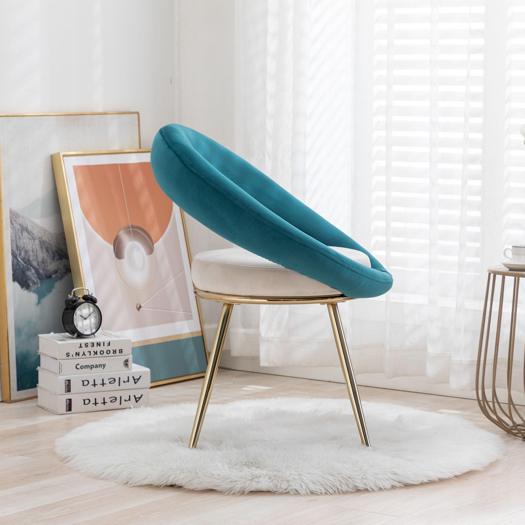 Peacock Blue+Off-White VelvetModern accent/Conversation Lounge Chair With  Gold Plated Legs, unique appearance，Suitable For Office, Lounge, Living Room