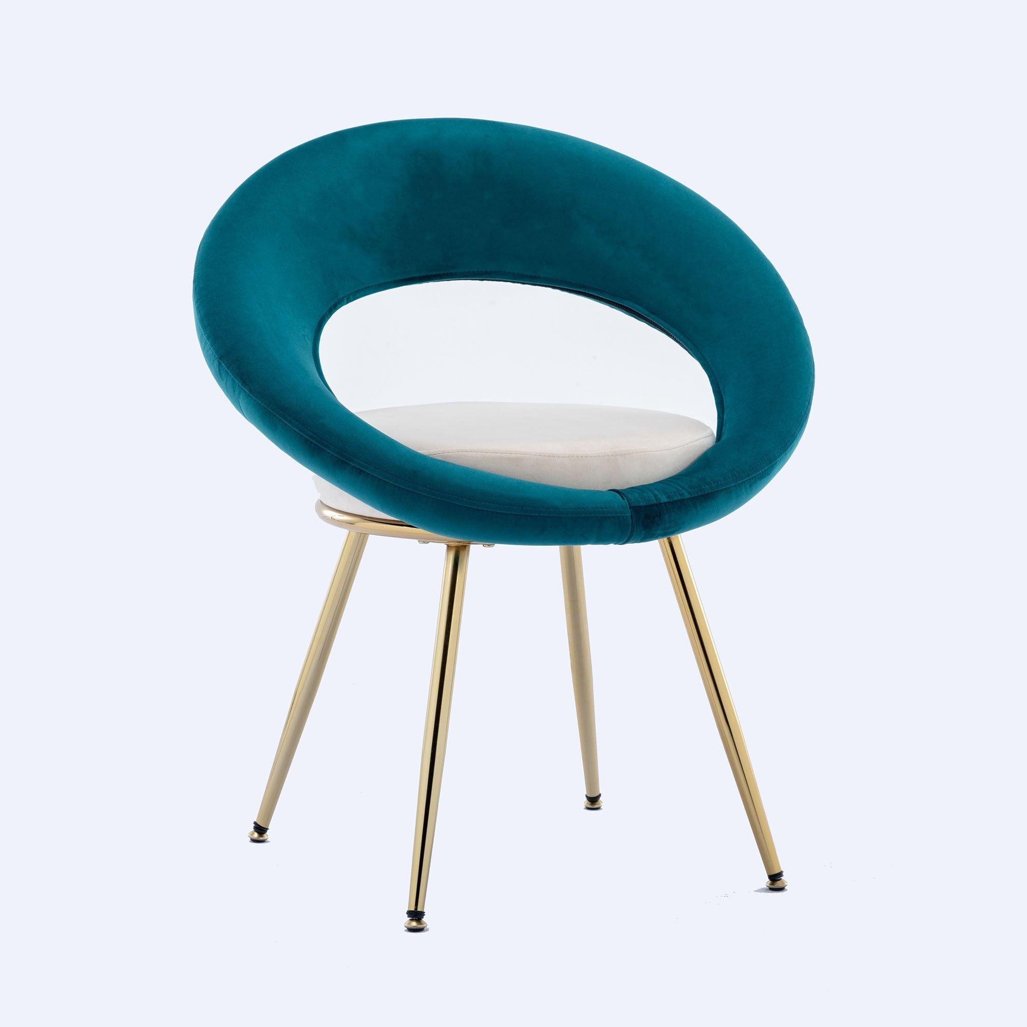 Peacock Blue+Off-White VelvetModern accent/Conversation Lounge Chair With  Gold Plated Legs, unique appearance，Suitable For Office, Lounge, Living Room