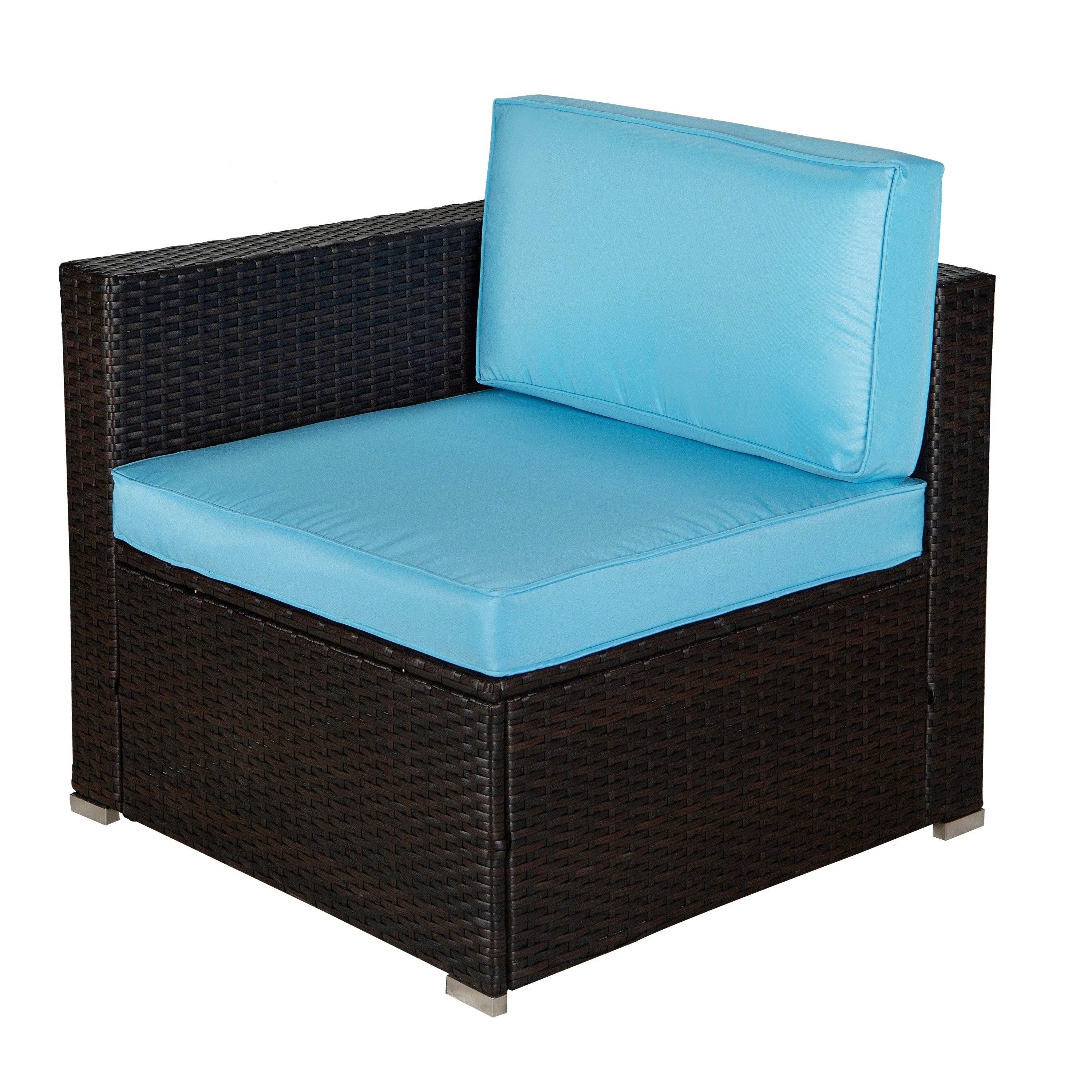 Outdoor Garden Patio Furniture 5-Piece Brown PE Rattan Wicker Sectional Blue Cushioned Sofa Sets