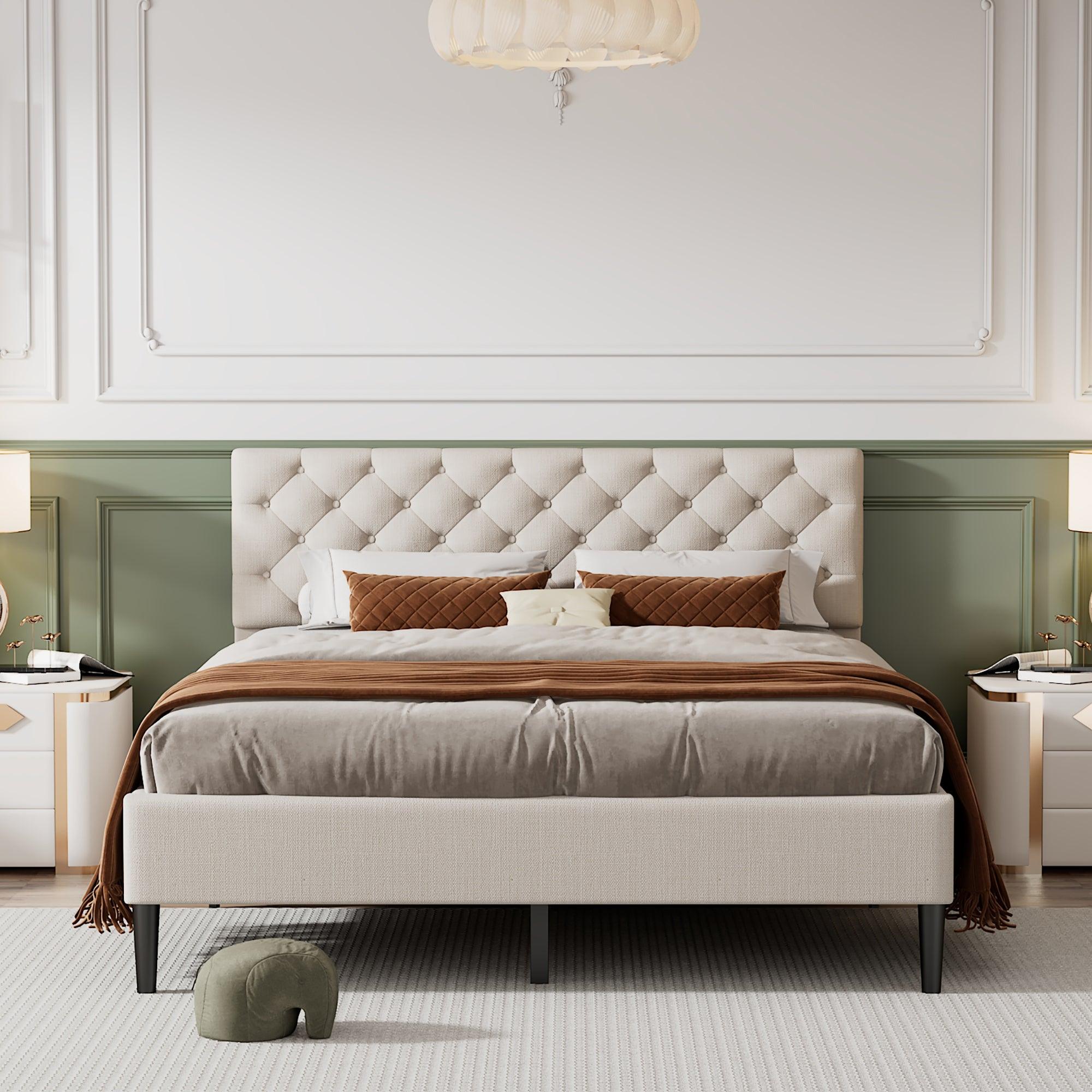 Upholstered Linen Platform Bed, Queen Size, Beige