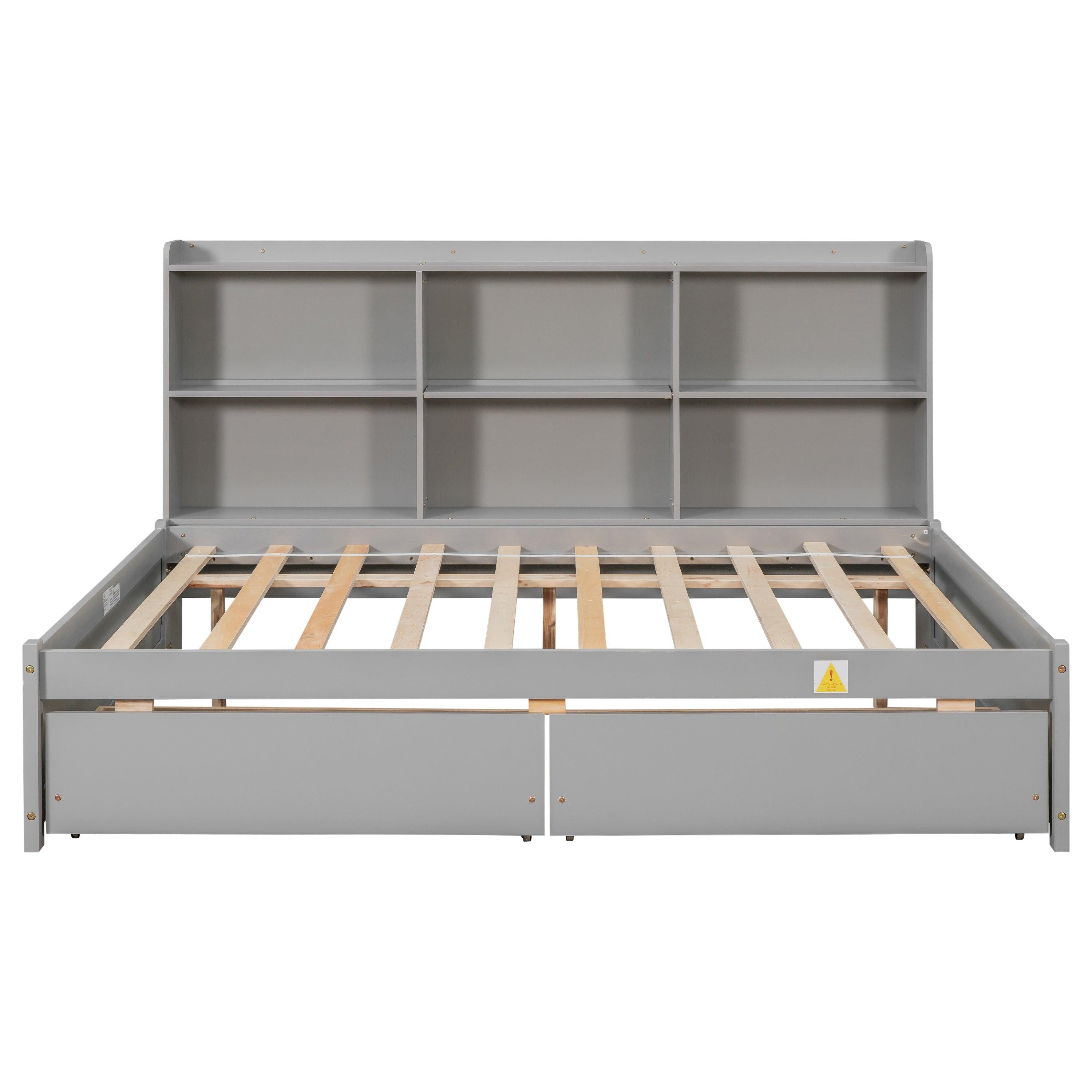 Full Bed with Side Bookcase, Drawers,Gray