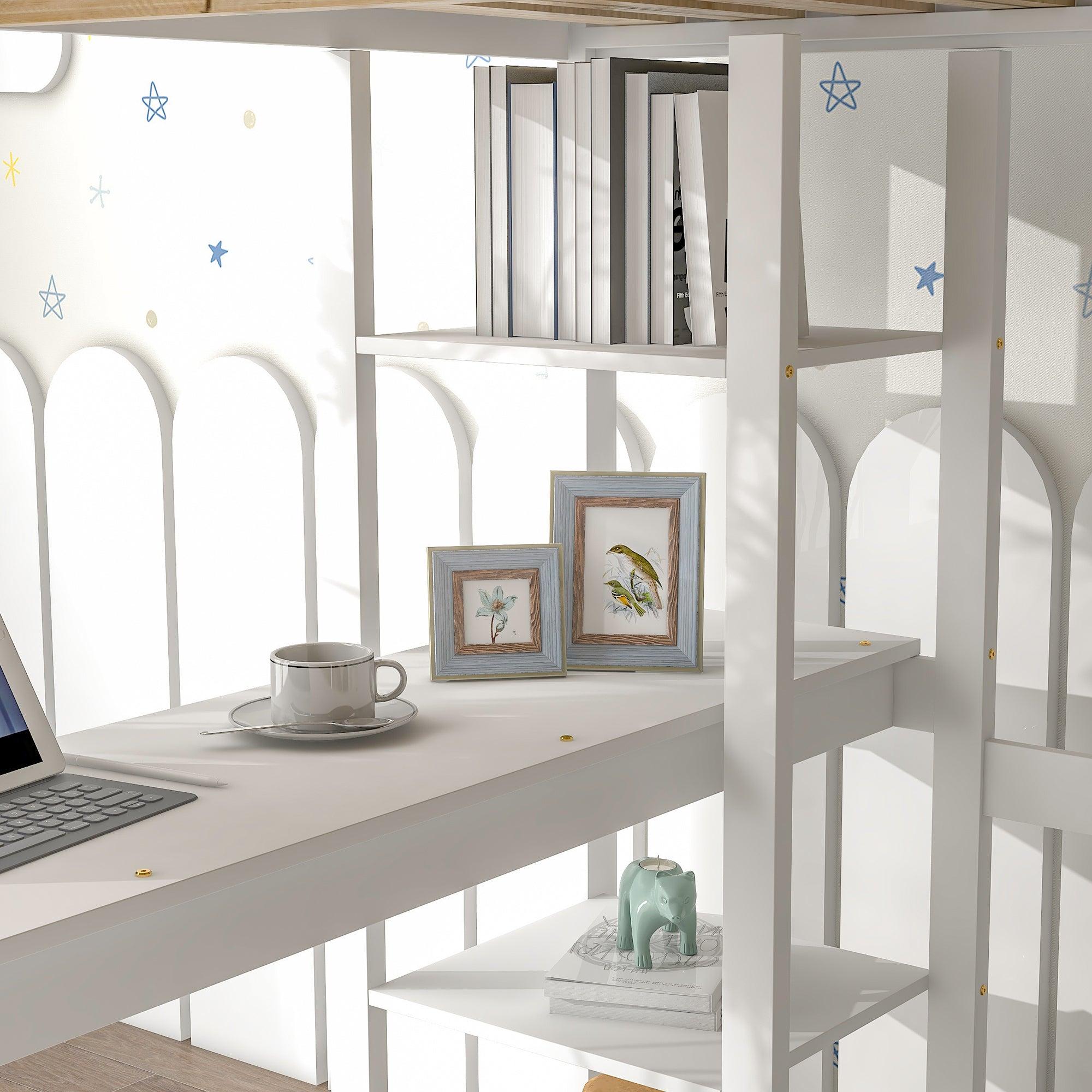 Full Loft Bed with Desk and Shelves,White