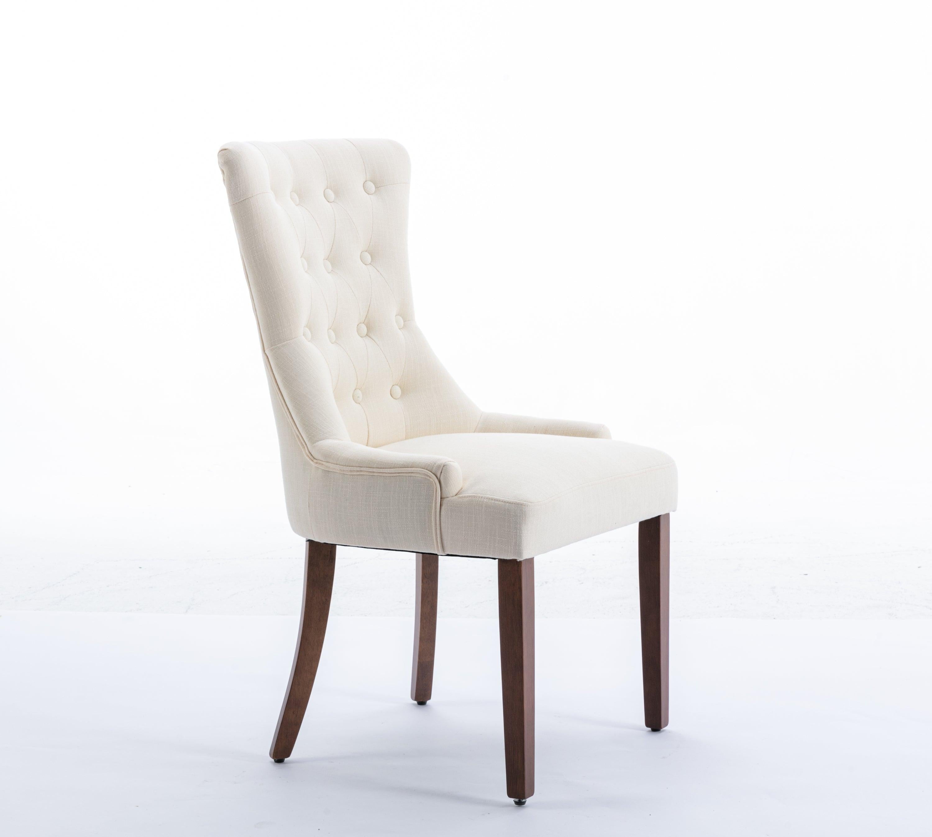 Classic Button Tufted Beige Linen Fabric Upholstered Dining Chair with Solid Wood Legs 2 PCS