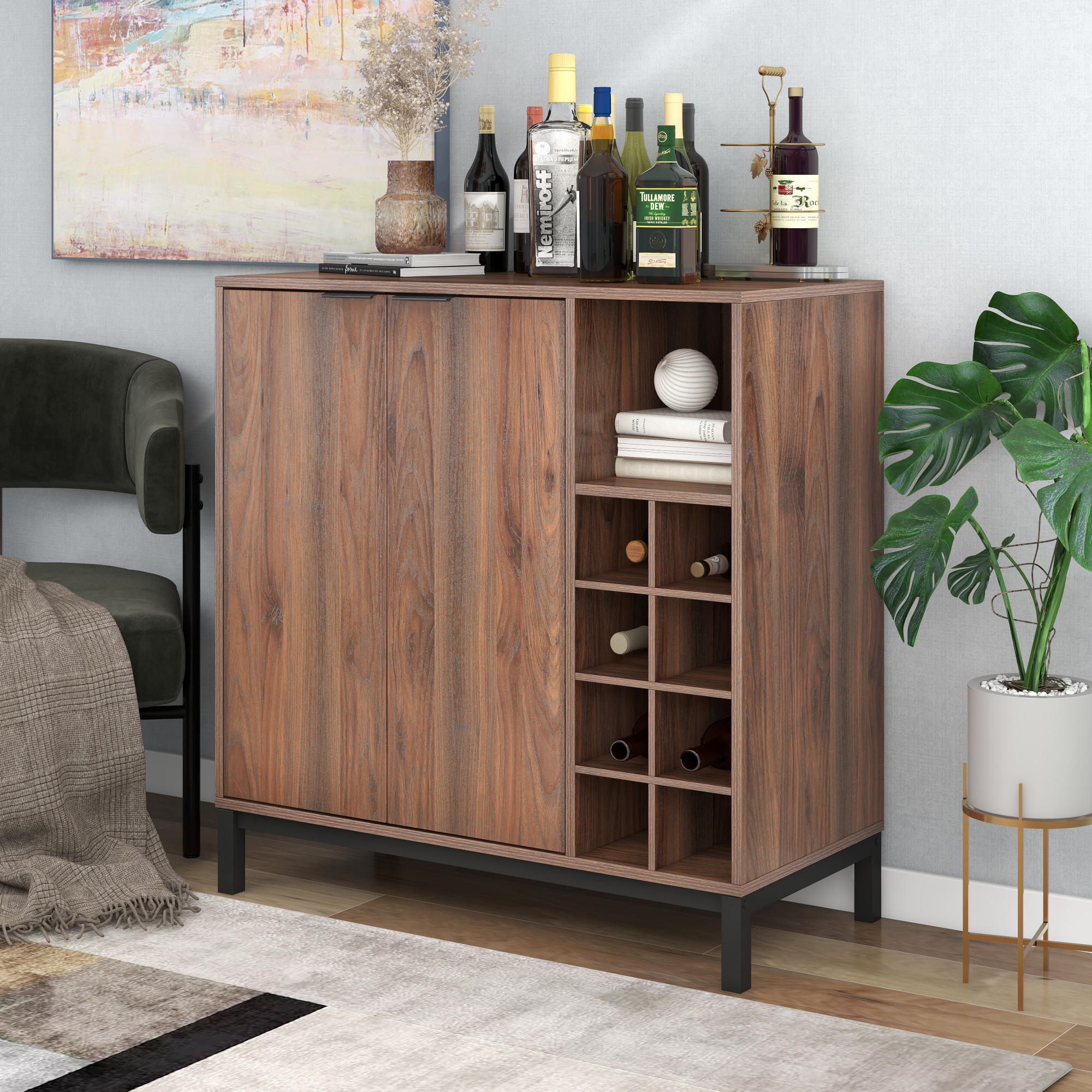 Sideboards and Buffets WithStorage Coffee Bar Cabinet Wine RacksStorage Server Dining Room Console 34 Inch（Dark brown） image