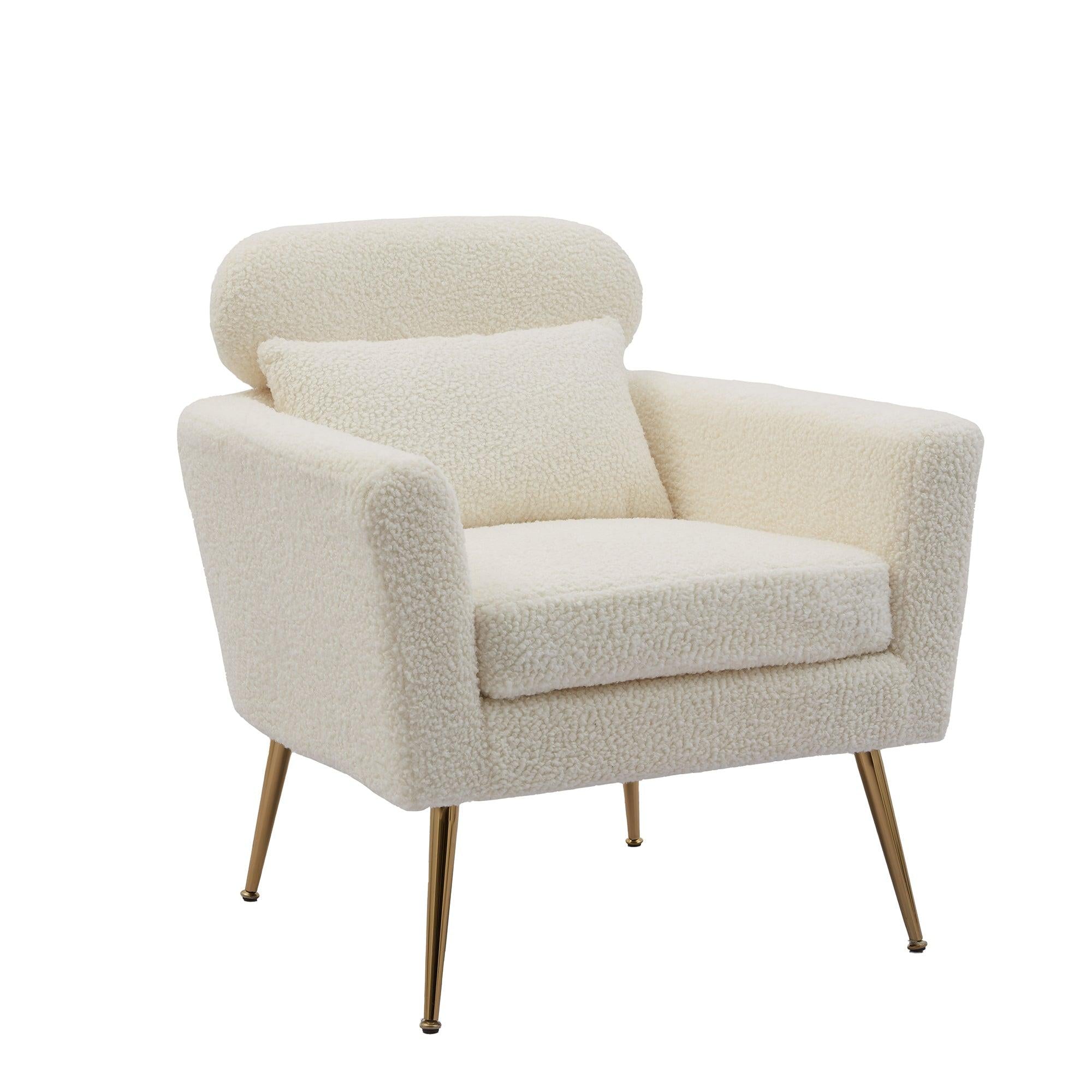 29.5"WModern Boucle Accent Chair Armchair Upholstered Reading Chair Single Sofa Leisure Club Chair with Gold Metal Leg and Throw Pillow for Living Room Bedroom Dorm Room Office, Ivory Boucle