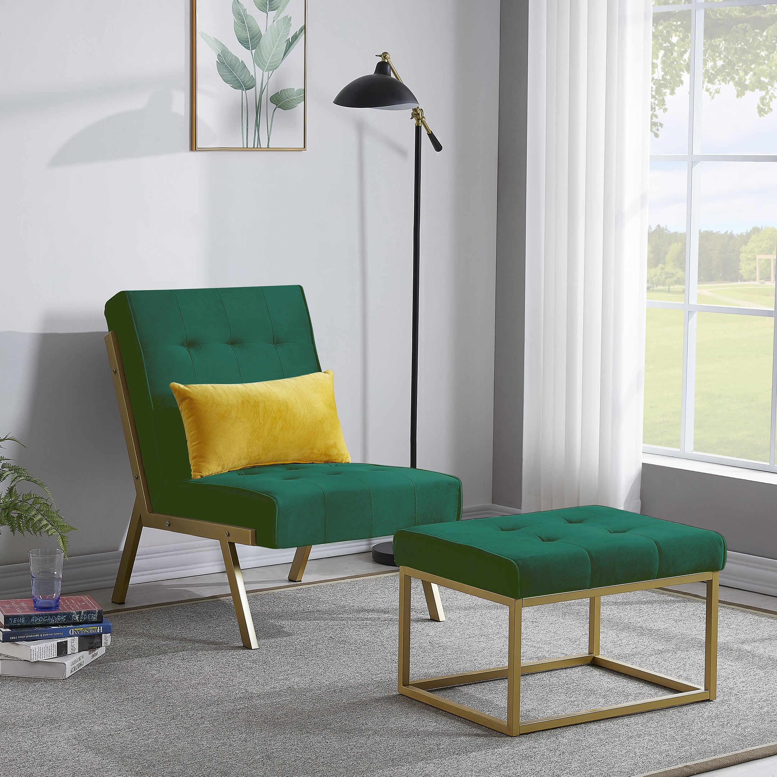 Gold Metal Frame Velvet Upholstery Chair with Ottoman(Green) image