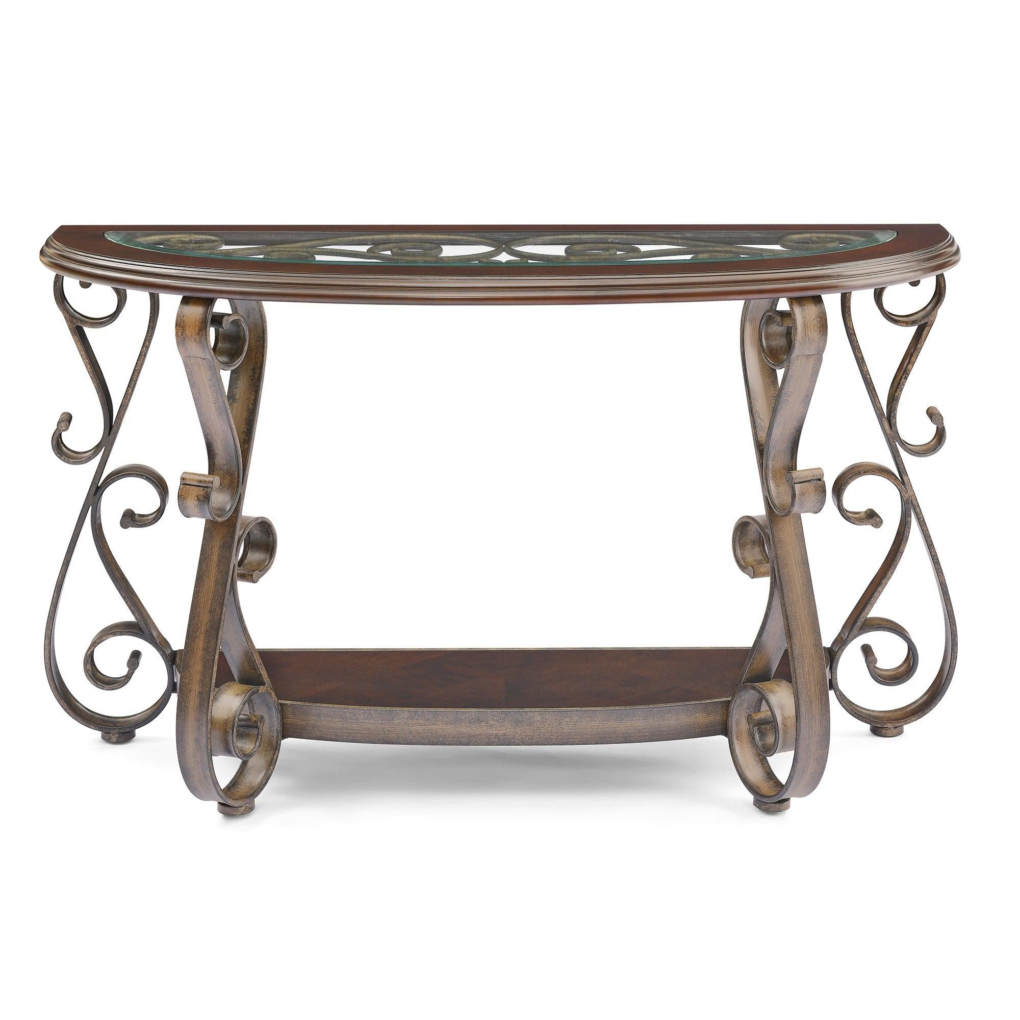 Console Table with Glass Table Top and Powder Coat Finish Metal Legs，Dark Brown （25.5"X25.5"X23.5")