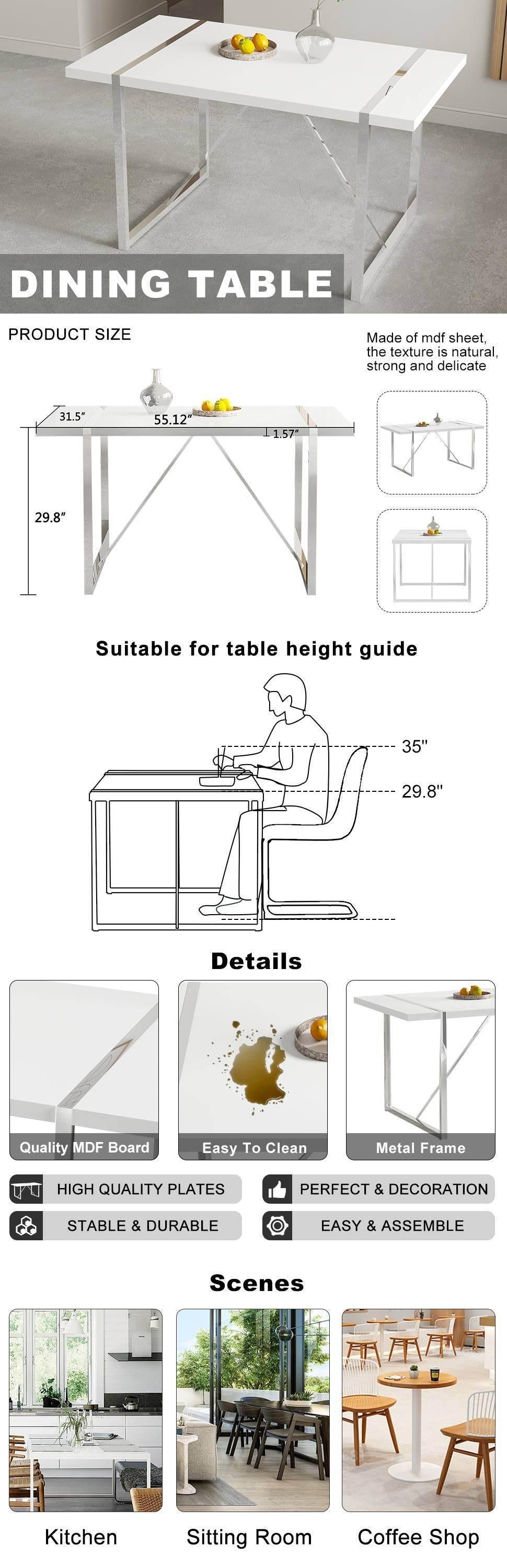 Dining Table.Rustic Industrial Rectangular MDF Wood White Dining Table For 4-6 Person, With 1.6" Thick Engineered Wood Tabletop and plating Metal Legs, For writing DeskKitchen terrace Dining  Room