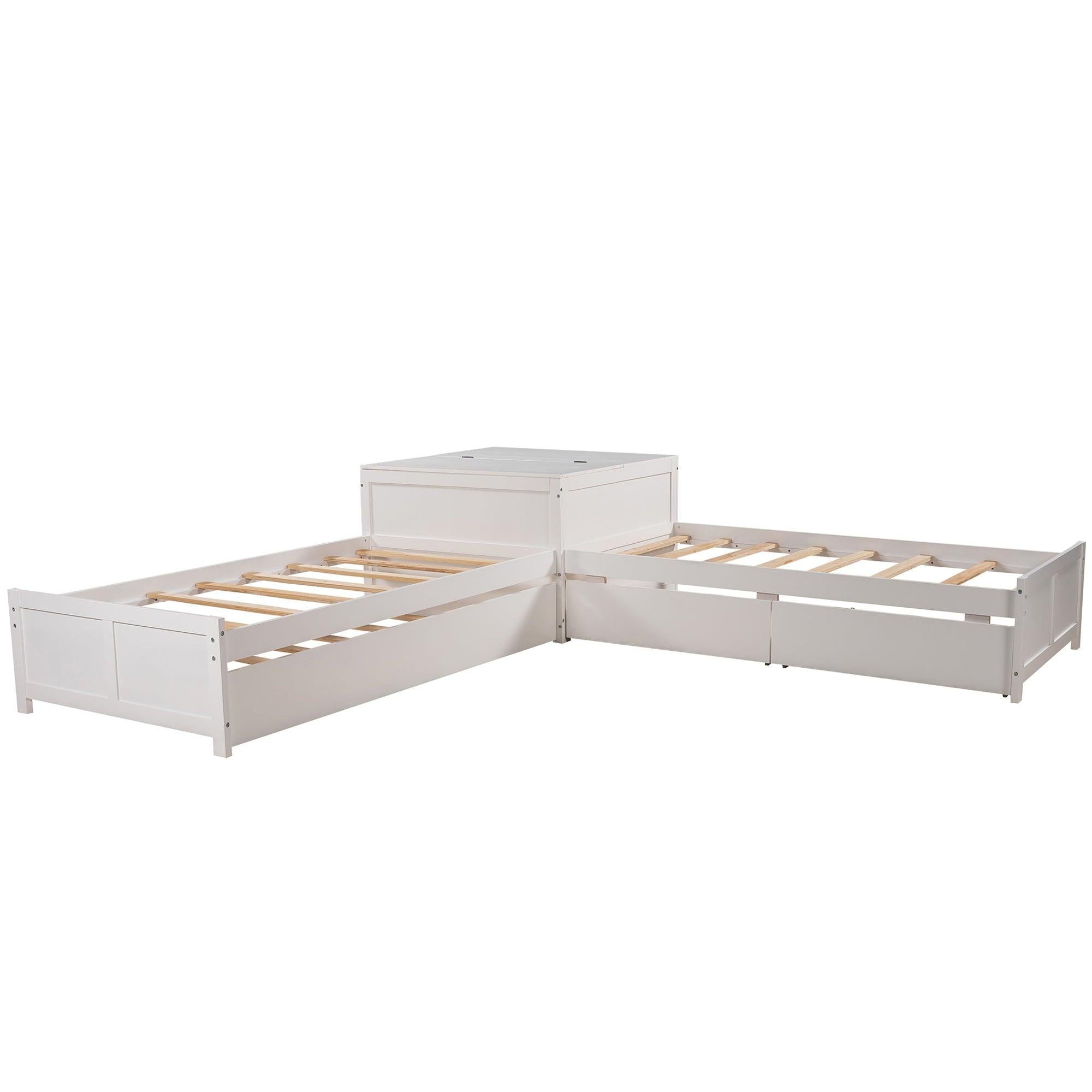 L-shaped Platform Bed with Trundle and Drawers Linked with built-in Flip Square Table,Twin,White