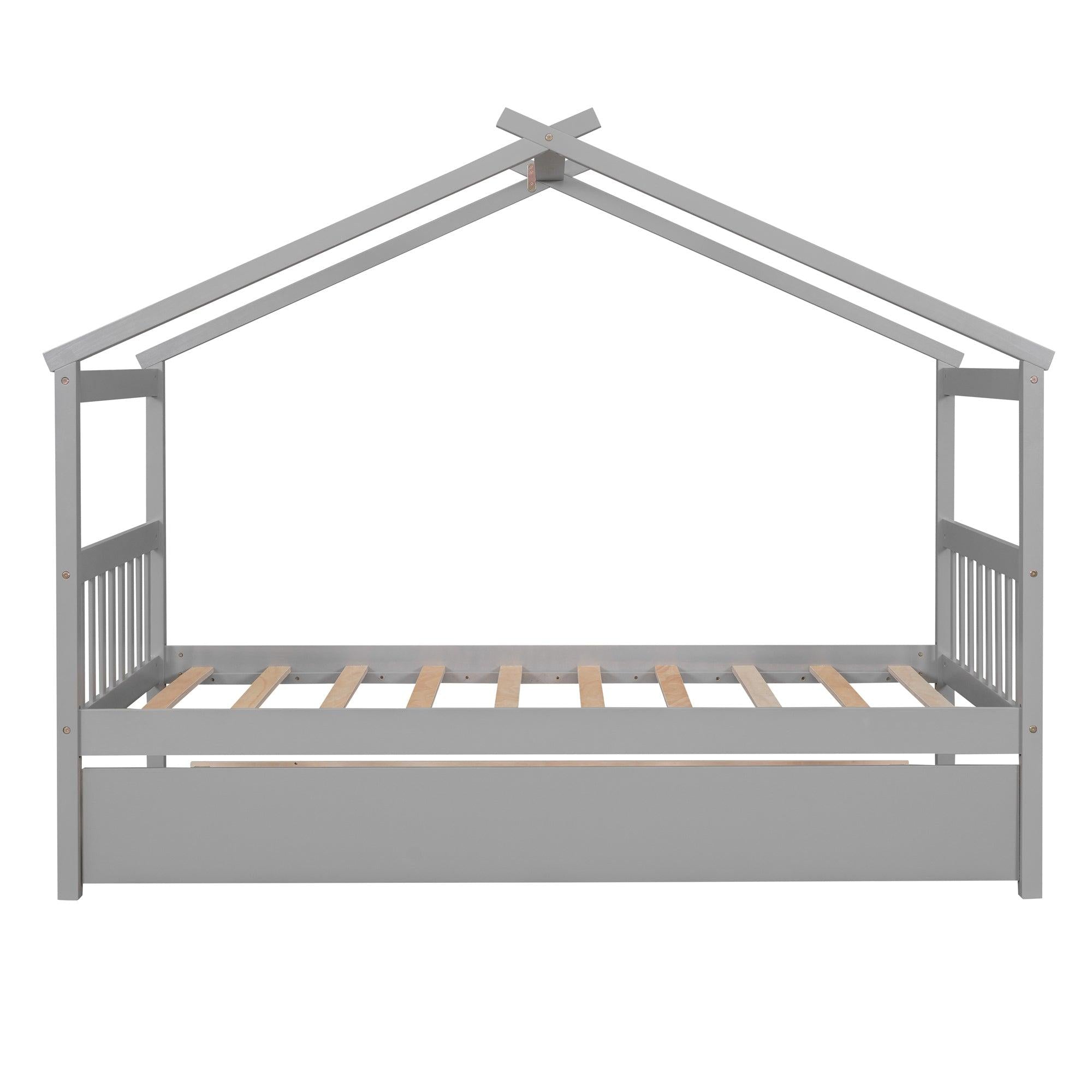 Twin Size Wooden House Bed with Twin Size Trundle, Gray