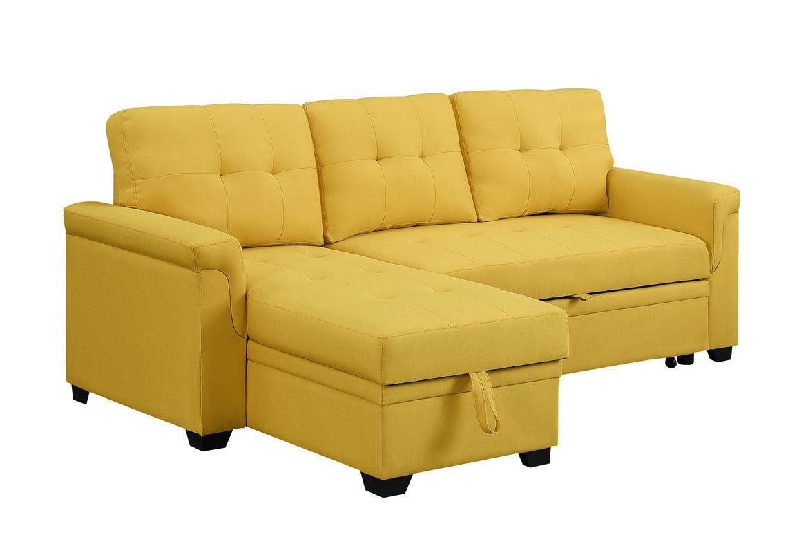 Lucca Yellow Linen Reversible Sleeper Sectional Sofa withStorage Chaise