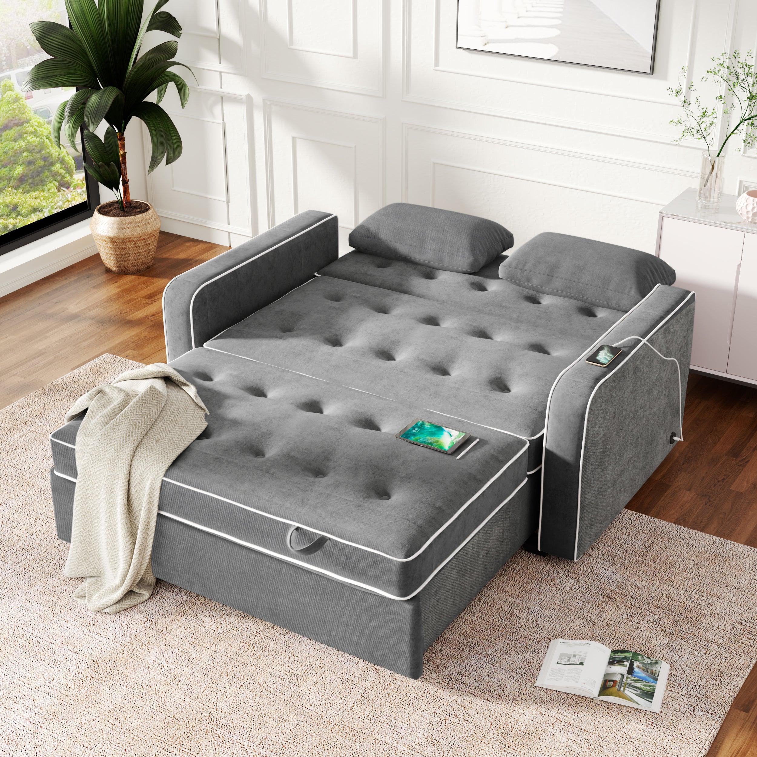 65.7" Linen Upholstered Sleeper Bed , Pull Out Sofa Bed Couch attached two throw pillows,Dual USB Charging Port and Adjustable Backrest for Living Room Space，Charcoal Gray