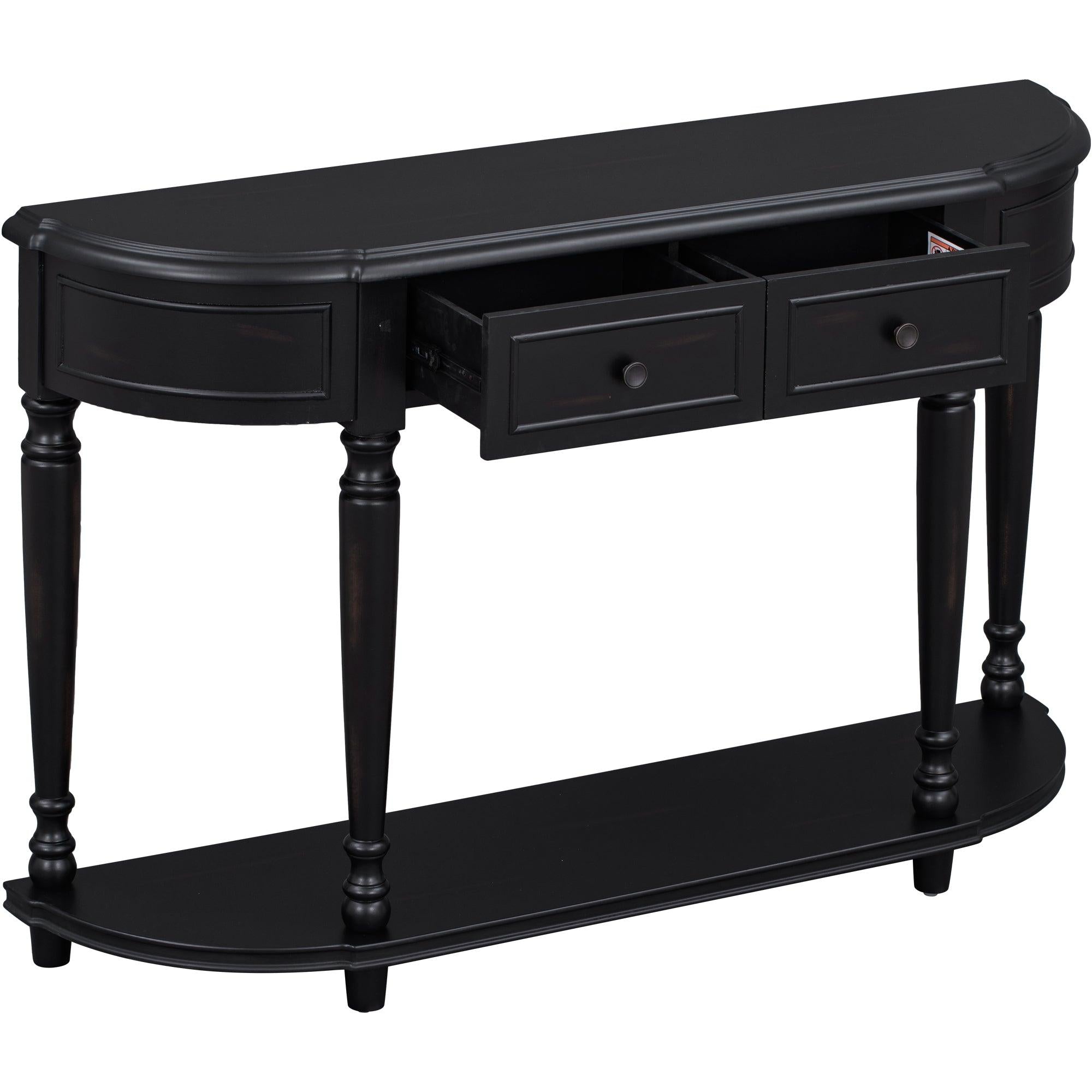 Retro Circular Curved Design Console Table with Open Style Shelf Solid Wooden Frame and Legs Two Top Drawers (Black)