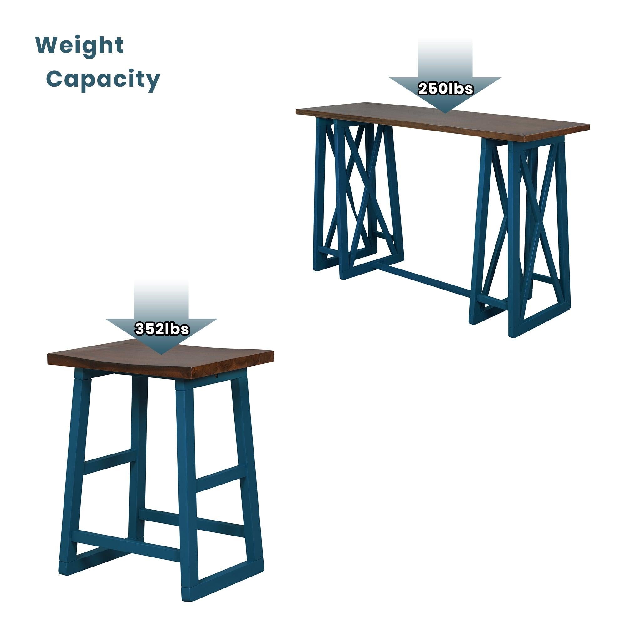 Rustic Counter Height 5-Piece Dining Set, Wood Console Table Set with 4 Stools for Small Places,Walnut+Blue