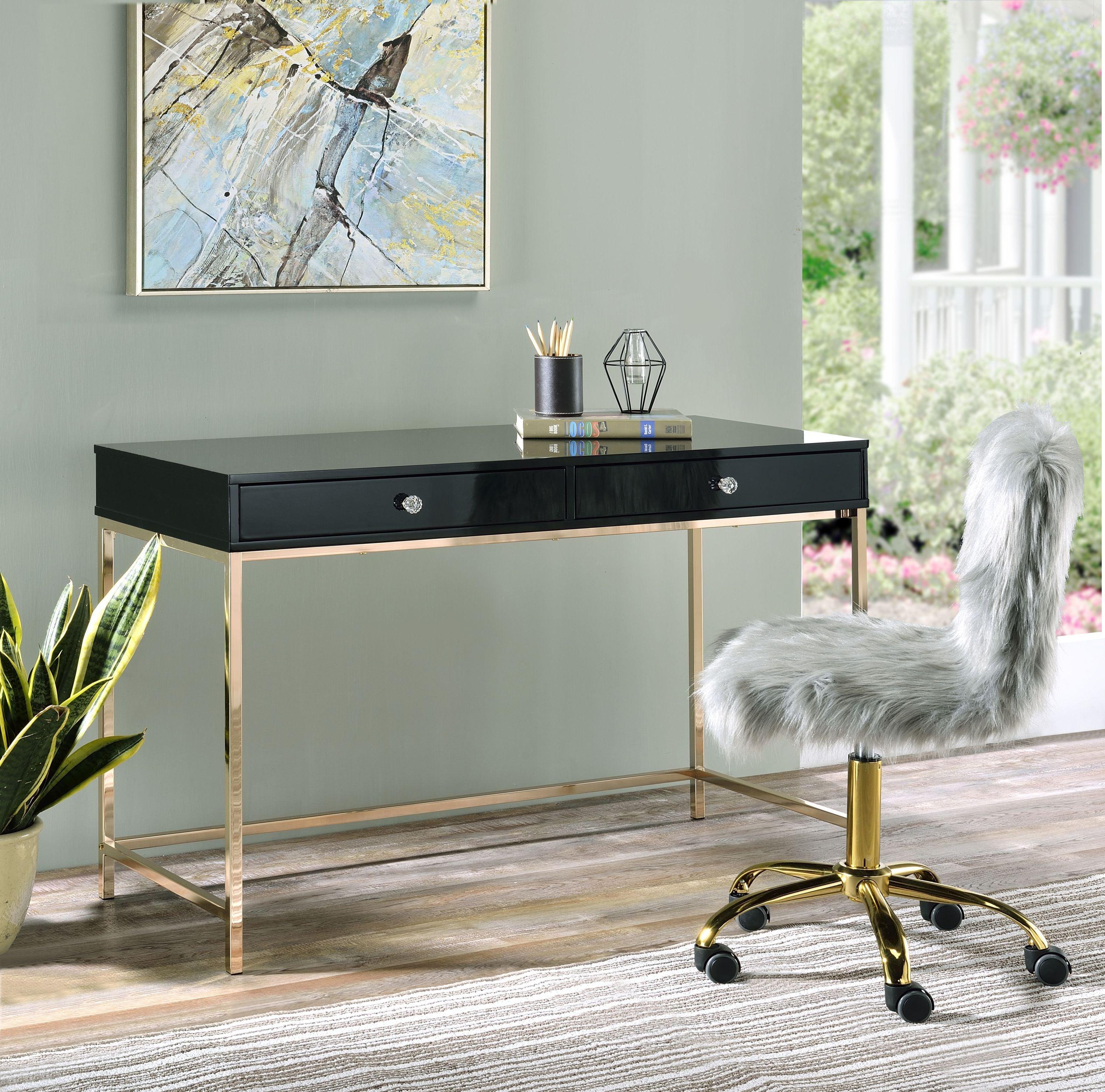 ACME Ottey Writing Desk, Black High Gloss & Gold Finish 93540 image