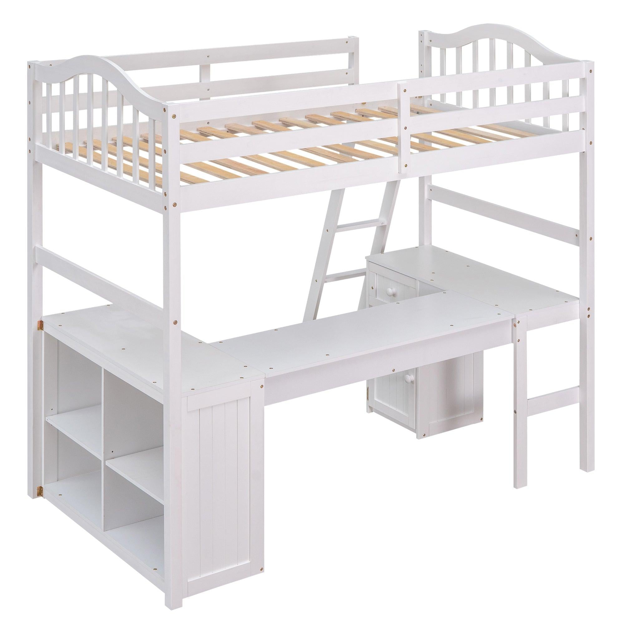 Twin size Loft Bed with Drawers, Cabinet, Shelves and Desk, Wooden Loft Bed with Desk - White