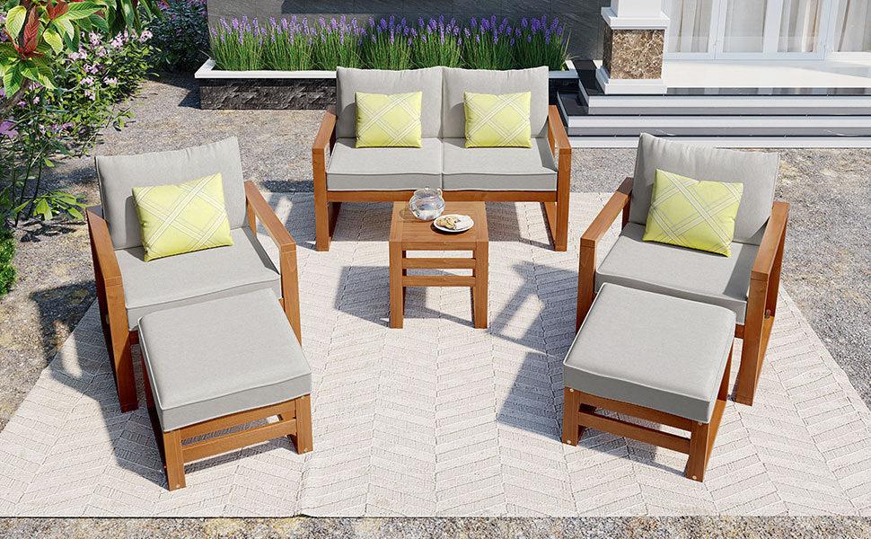 Outdoor Patio Wood 6-Piece Conversation Set, Sectional Garden Seating Groups Chat Set with Ottomans and Cushions for Backyard, Poolside, Balcony, Grey