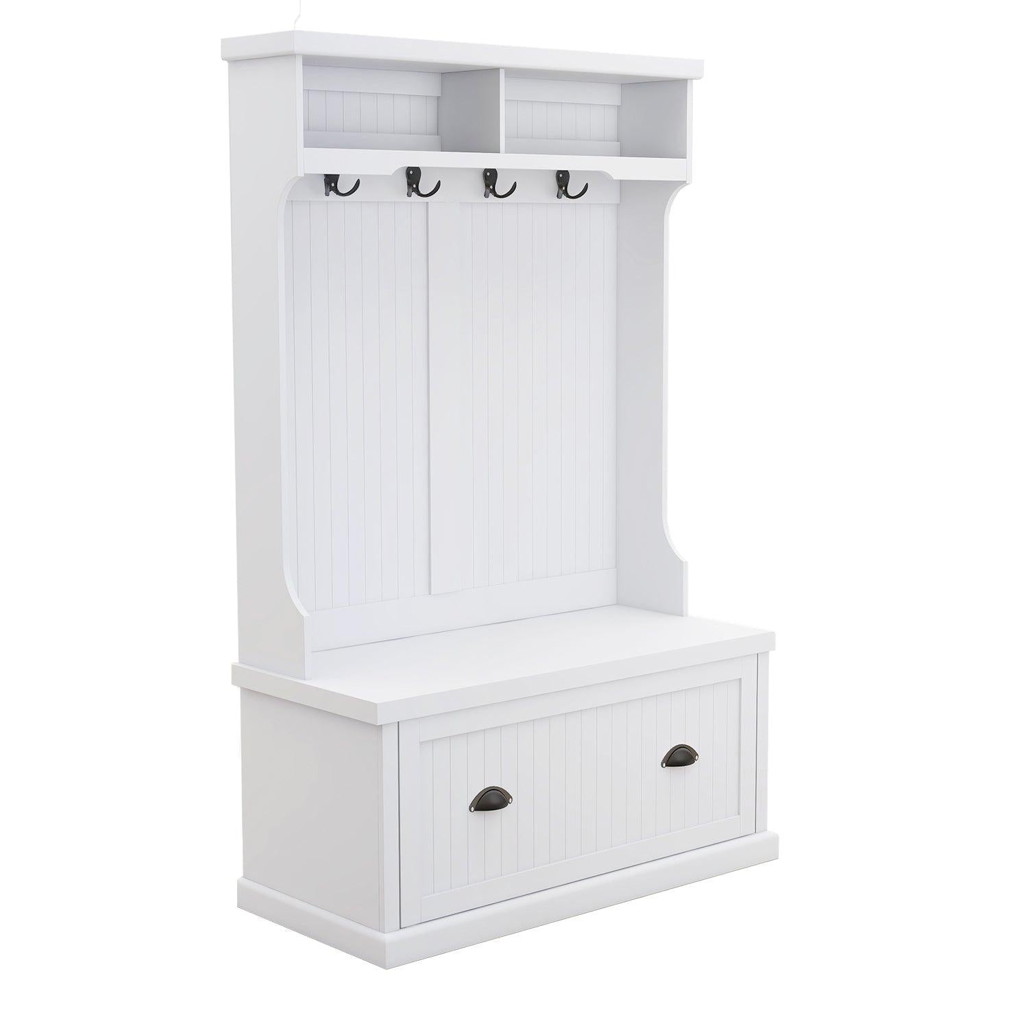 Entryway hall tree with coat rack 4 hooks andStorage benchShoe cabinet white