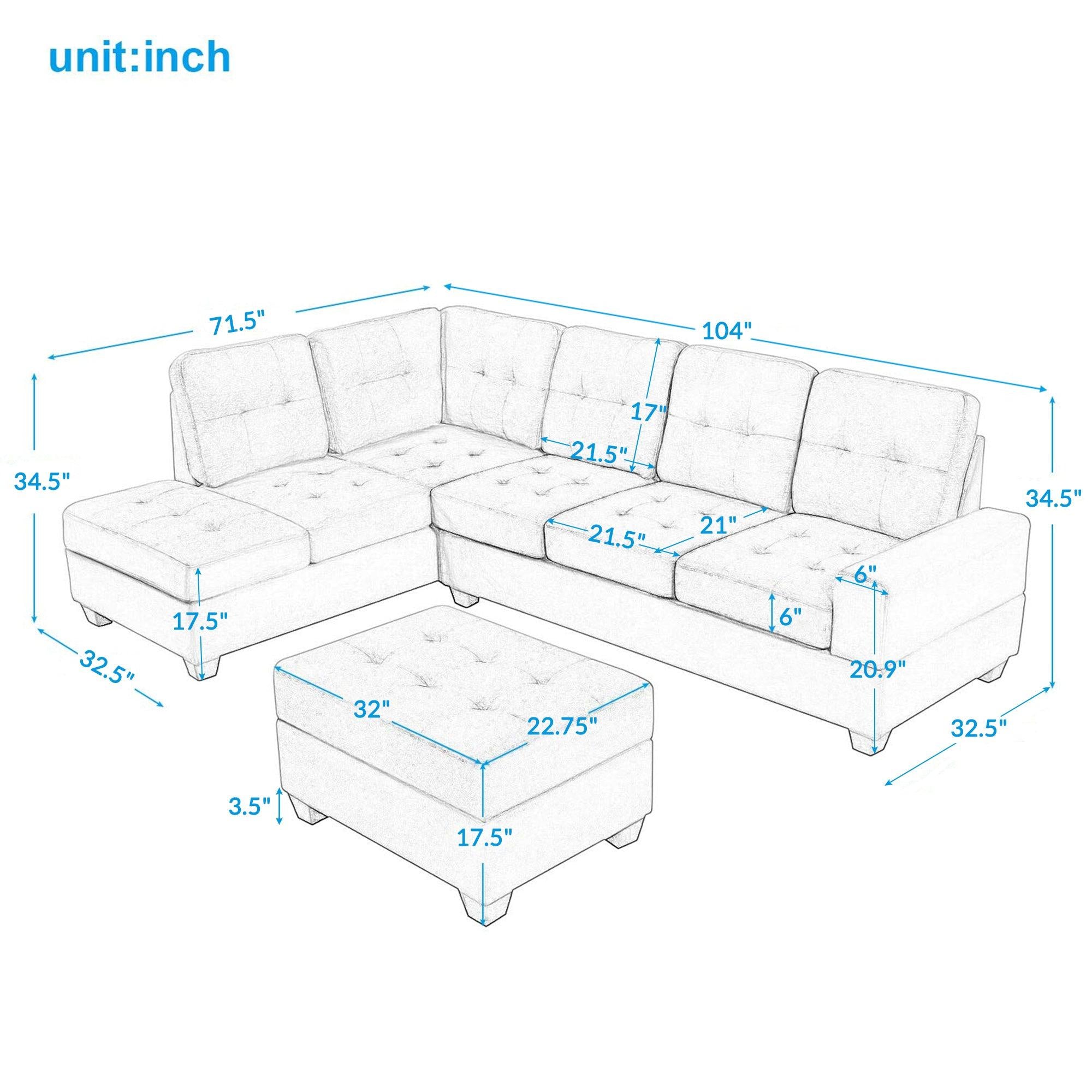 Sectional Sofa with Reversible Chaise Lounge, L-Shaped Couch withStorage Ottoman and Cup Holders