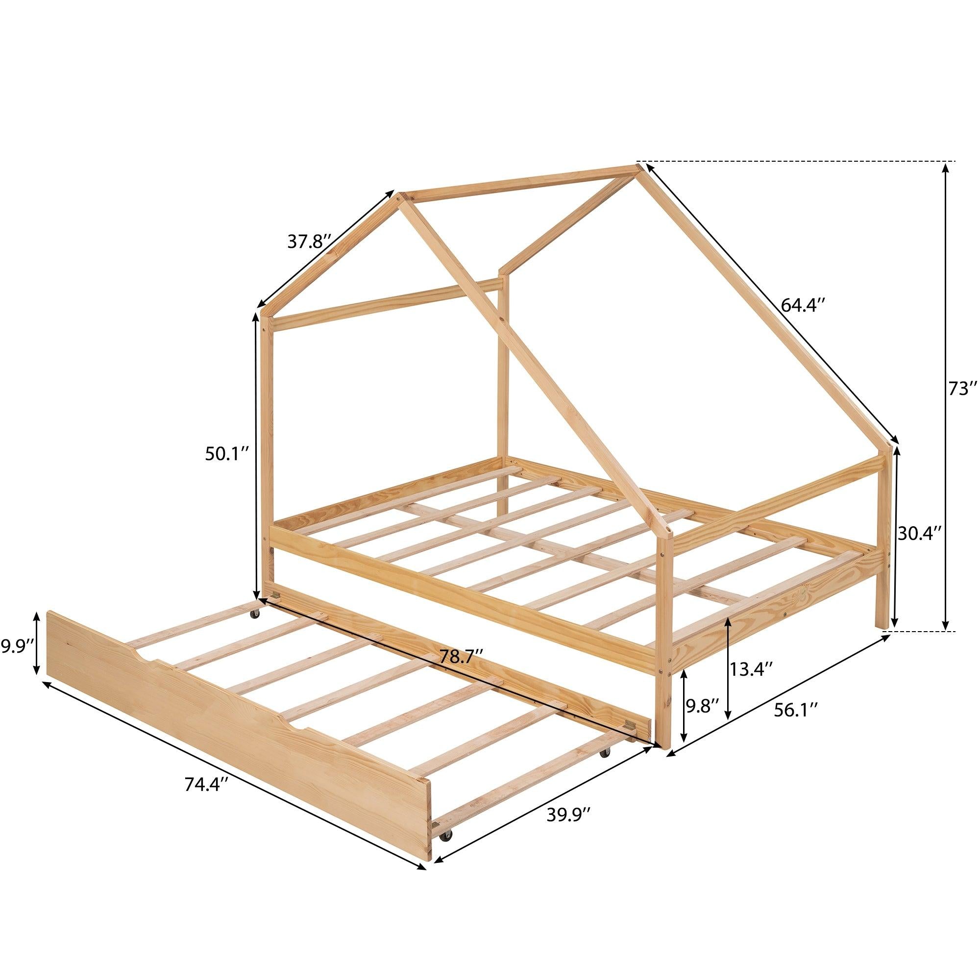 Full Size Wooden House Bed With Twin Size Trundle, Natural