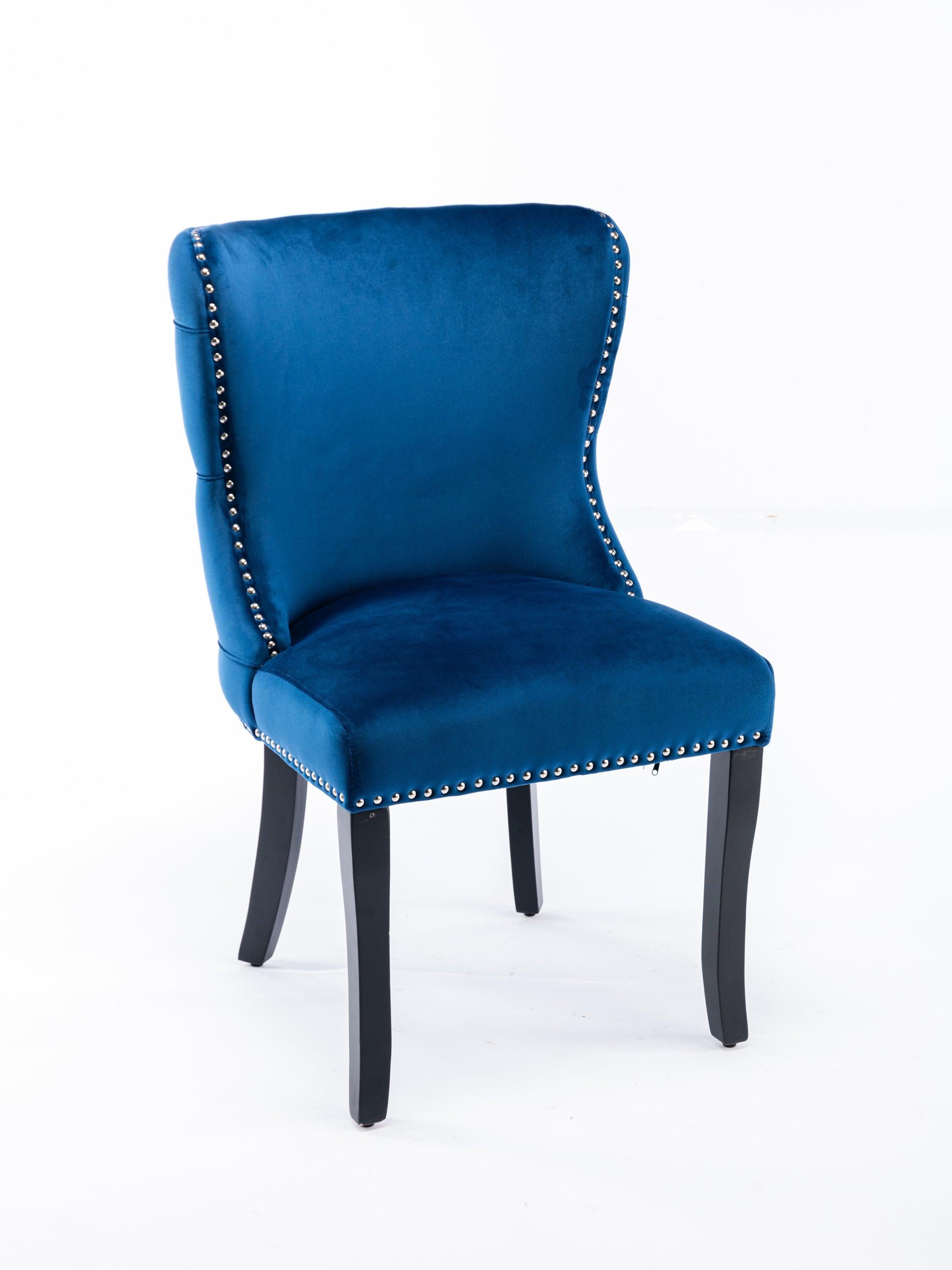 Set of 2 upholstered wing-back dining chair with backstitching nailhead trim and solid wood legs Blue