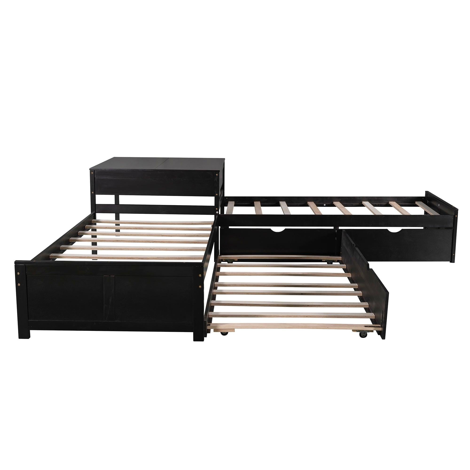 L-shaped Platform Bed with Trundle and Drawers Linked with built-in Desk,Twin,Espresso