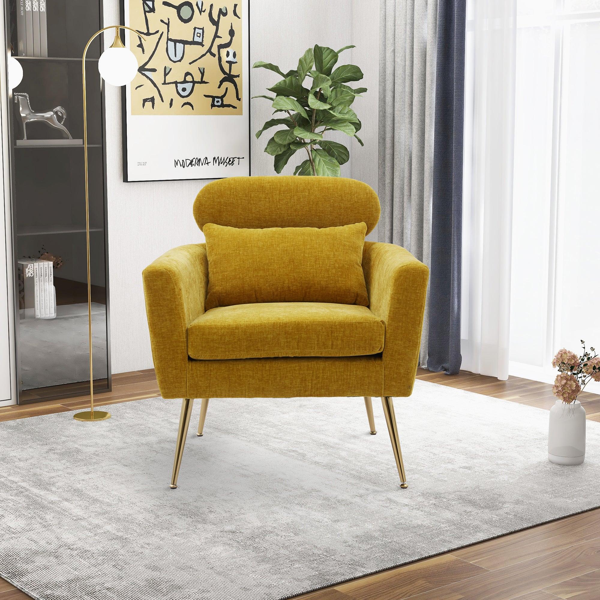 29.5"WModern Chenille Accent Chair Armchair Upholstered Reading Chair Single Sofa Leisure Club Chair with Gold Metal Leg and Throw Pillow for Living Room Bedroom Dorm Room Office, Mustard Chenille