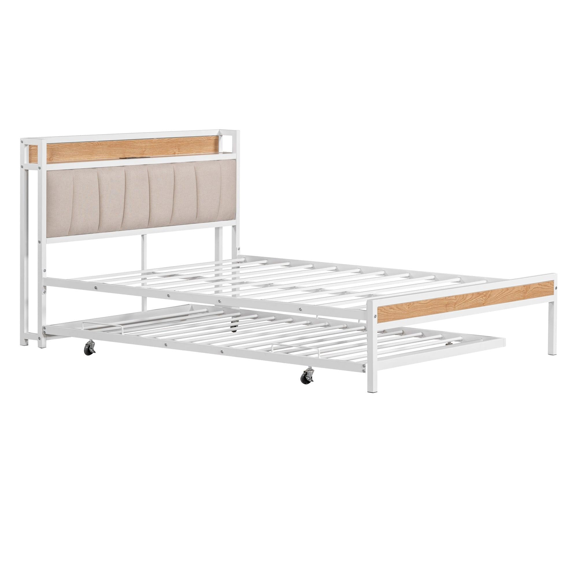 Full Size Metal Platform Bed Frame with Twin size trundle, Upholstered headboard ，Sockets, USB Ports and Slat Support ,No Box Spring Needed，White