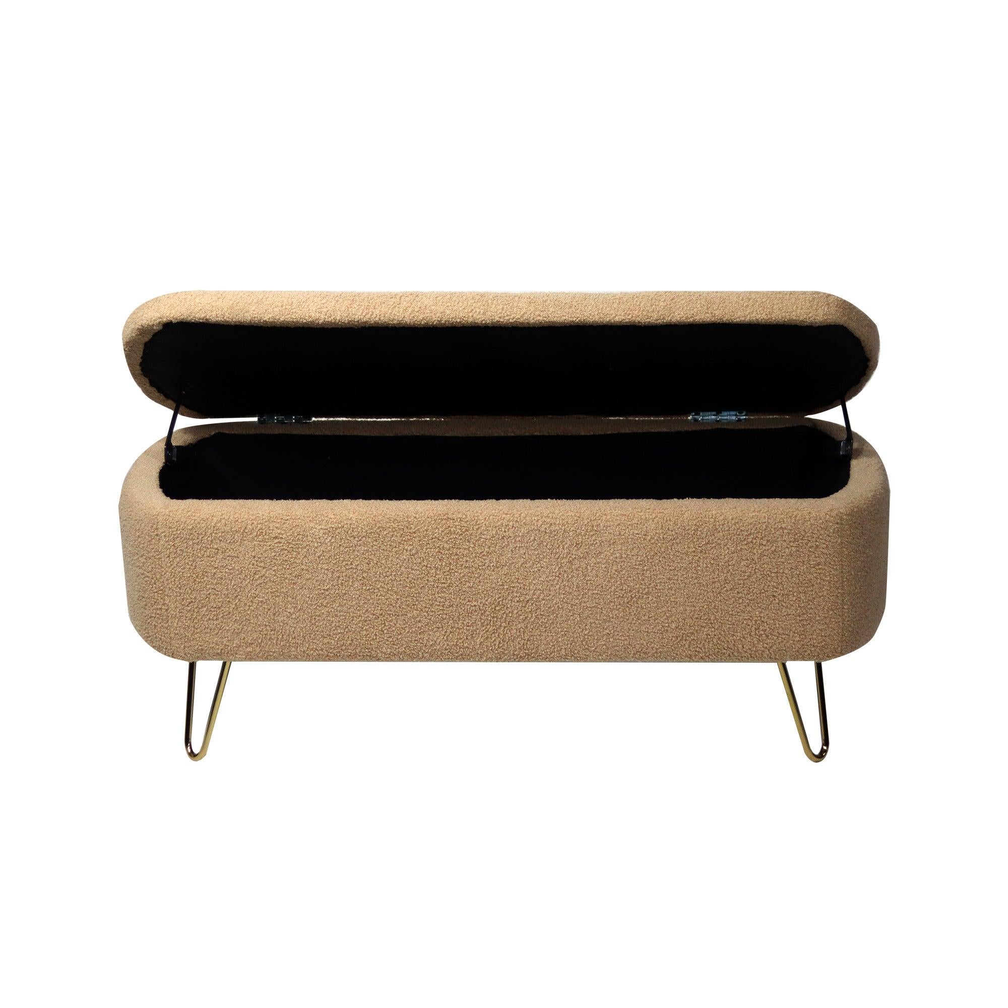 CamelStorage Ottoman Bench for End of Bed Gold Legs,Modern Camel Faux Fur Entryway Bench Upholstered Padded withStorage for Living Room Bedroom