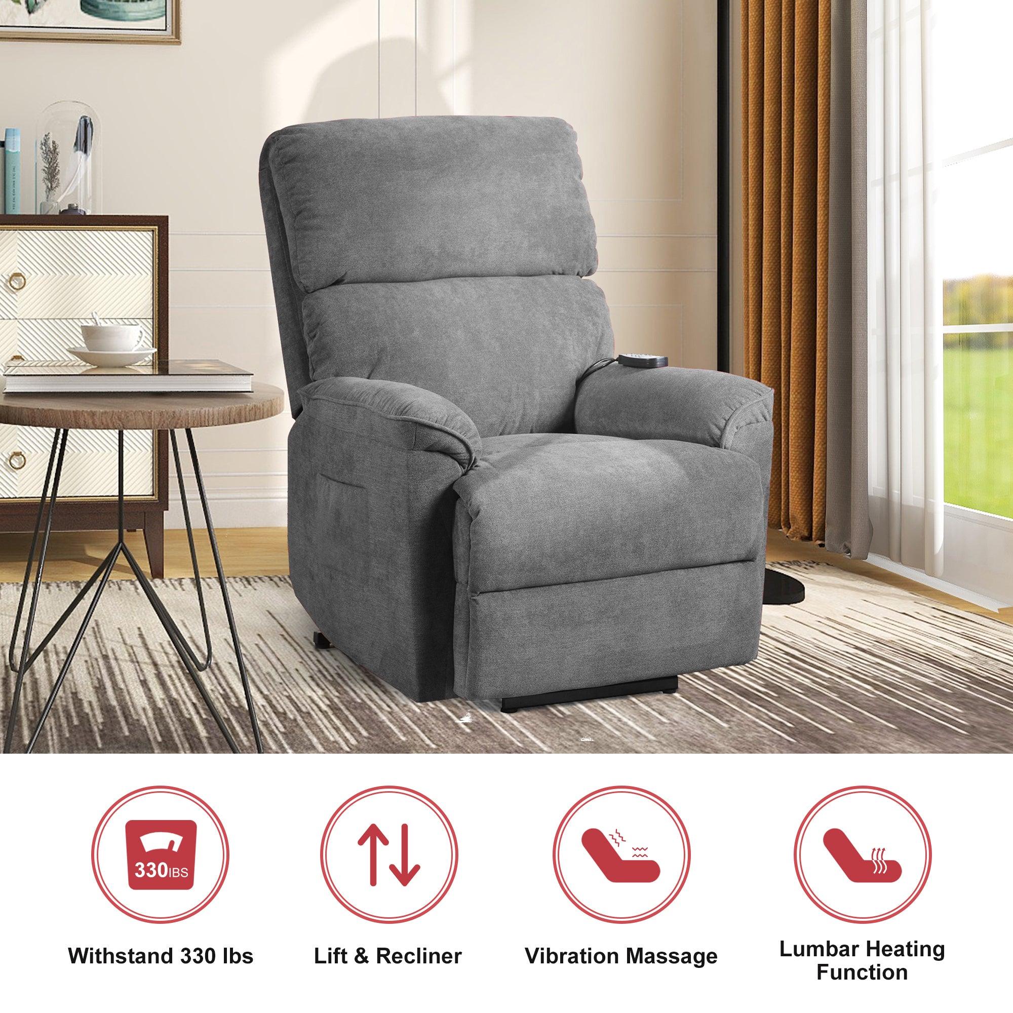 Power Lift Chair with Massage and Heating Function Soft Fabric Upholstery Recliner for Living Room