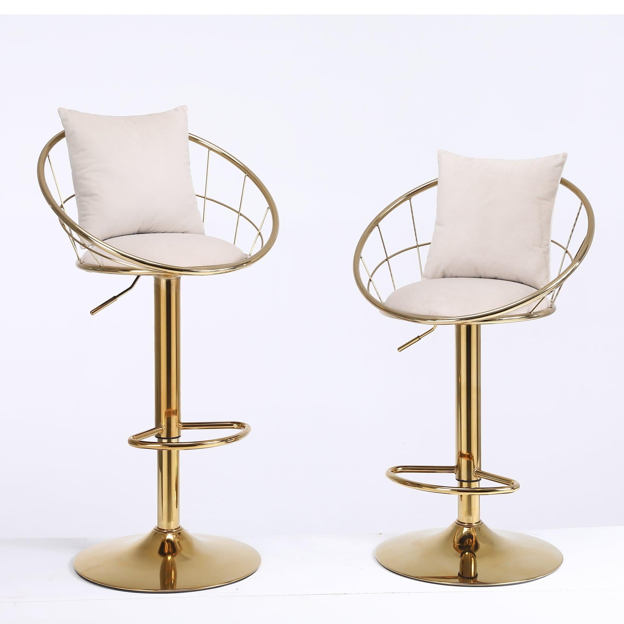 Off-White velvet bar chair, pure gold plated, unique design，360 degree rotation, adjustable height，Suitable for dinning room and bar，set of 2