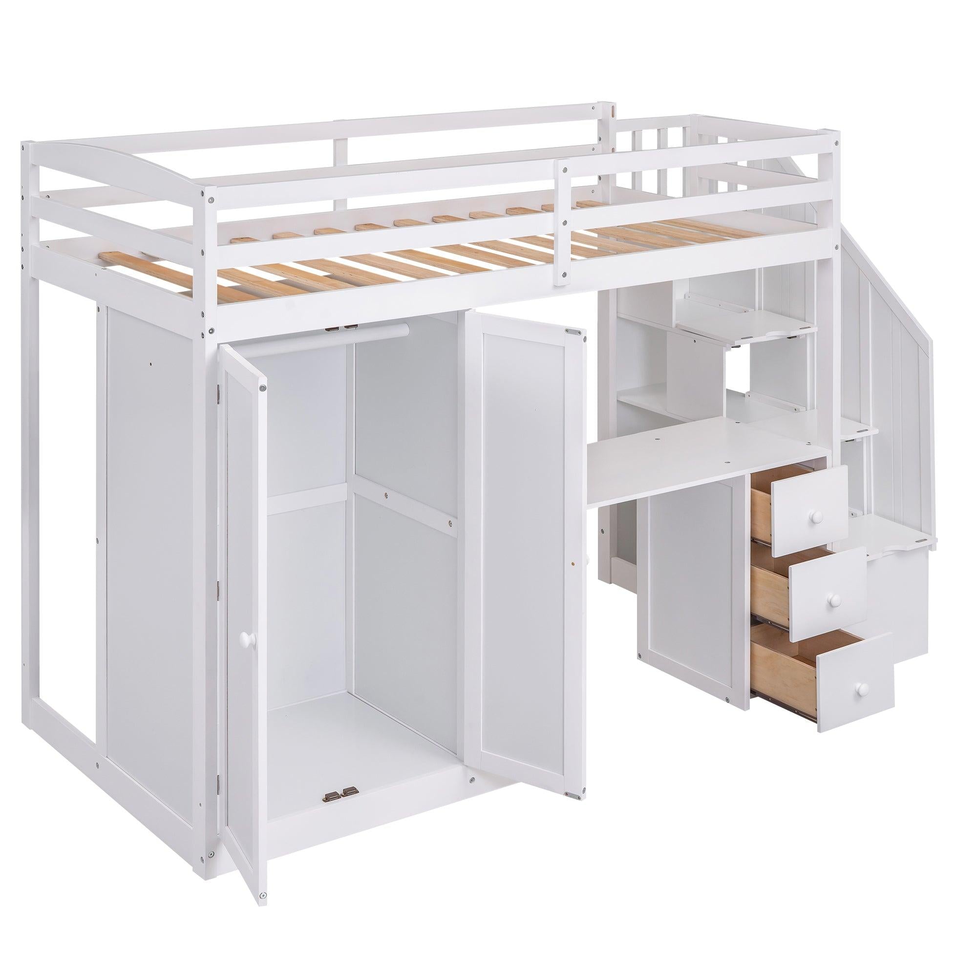 Twin Size Loft Bed with Wardrobe and Staircase, Desk andStorage Drawers and Cabinet in 1, White