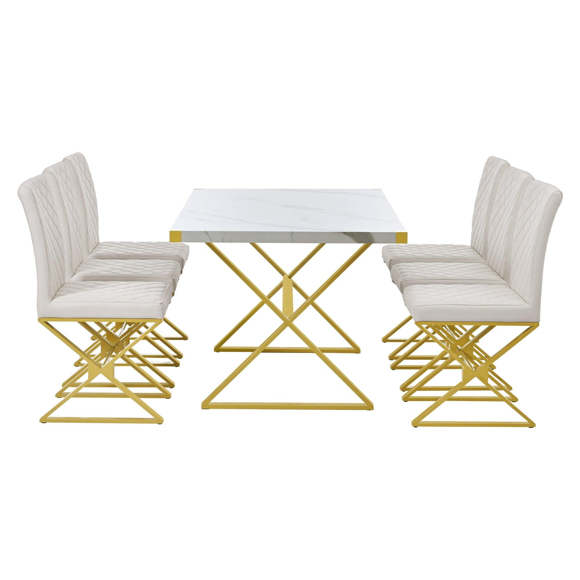 7-PieceModern Dining Table Set, Rectangular Marble Texture Kitchen Table and 6 PU leather Chairs with X-Shaped Gold Steel Pipe Legs for Dining Room (White)