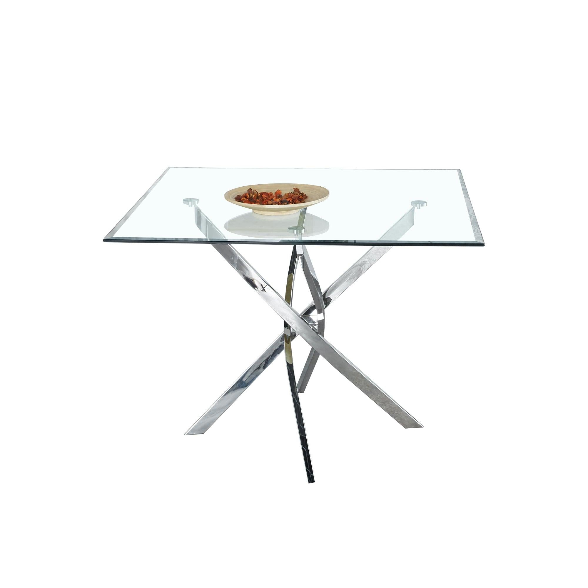 Contemporary Square Clear Dining Tempered Glass Table with Silver Finish Stainless Steel Legs image