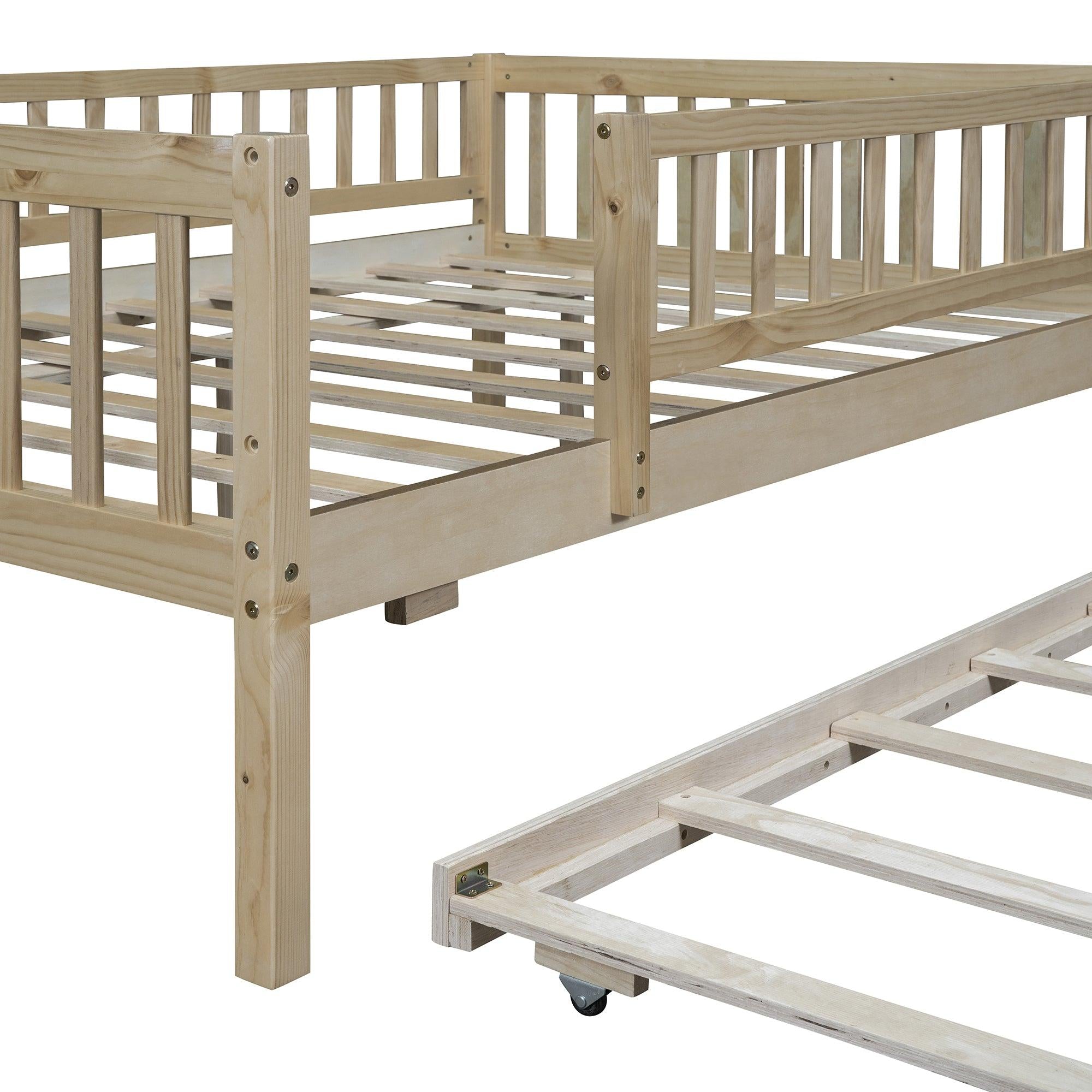 Full Size Wood Daybed with Trundle and Fence Guardrails, Natural