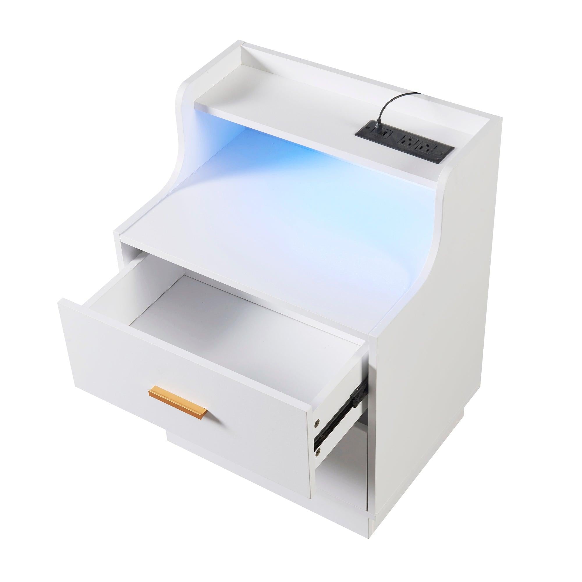 Multifunctional Nightstand with 2 Drawers, Shelf with USB Charging Design and Color-Changing LED, White