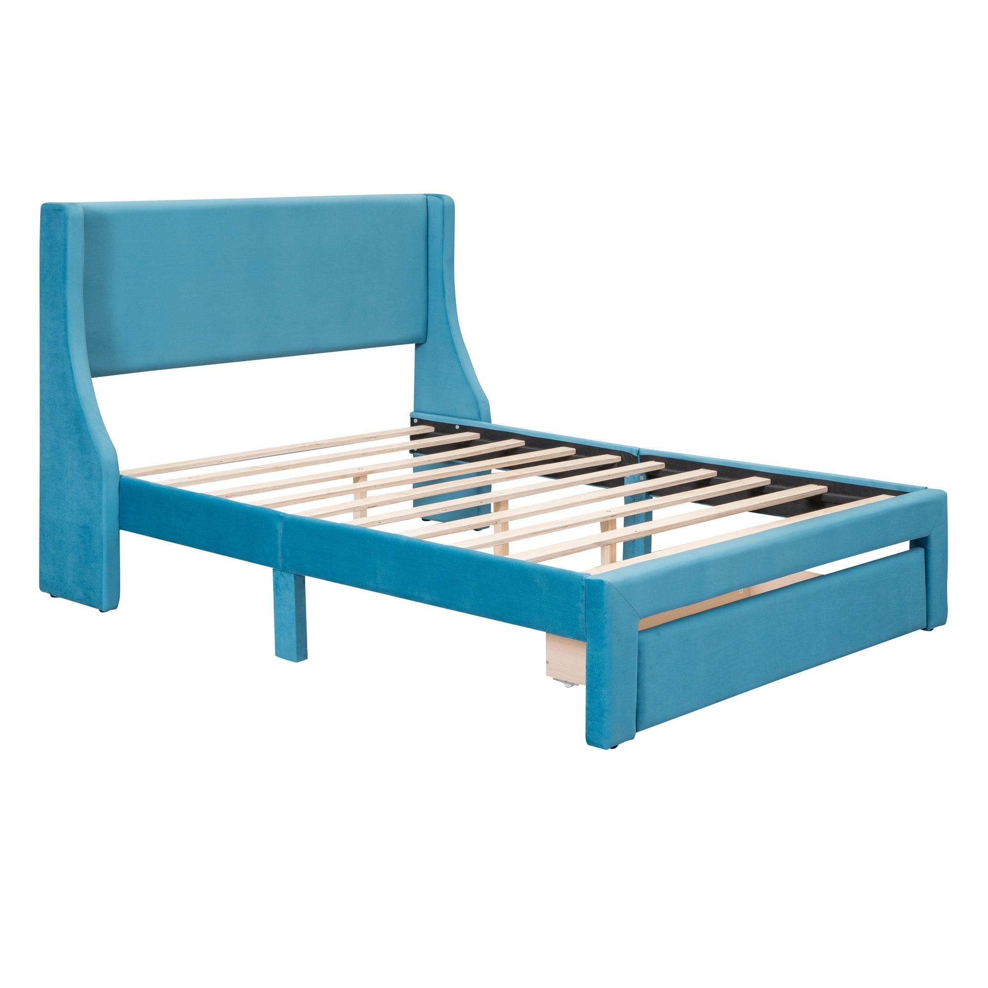 Full SizeStorage Bed Velvet Upholstered Platform Bed with a Big Drawer - Blue