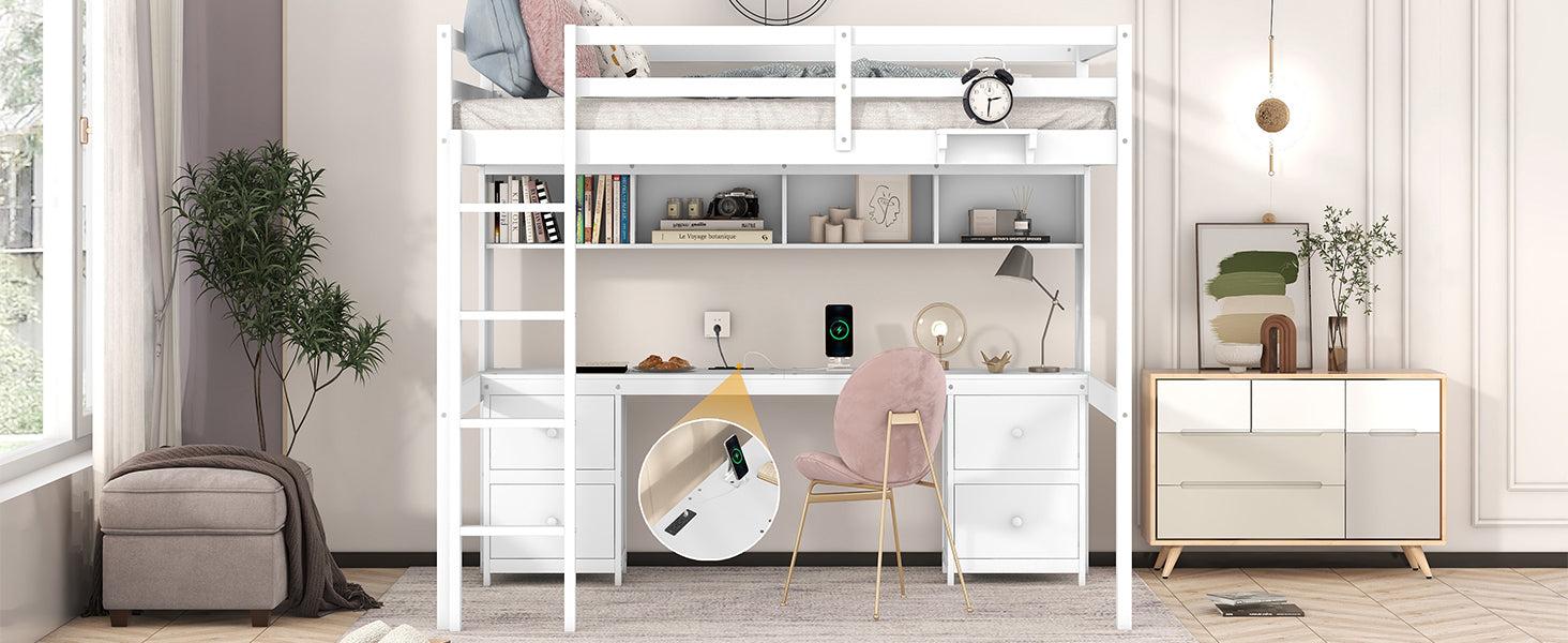 Full Size Loft Bed with Desk, Cabinets, Drawers and Bedside Tray, Charging Station, White