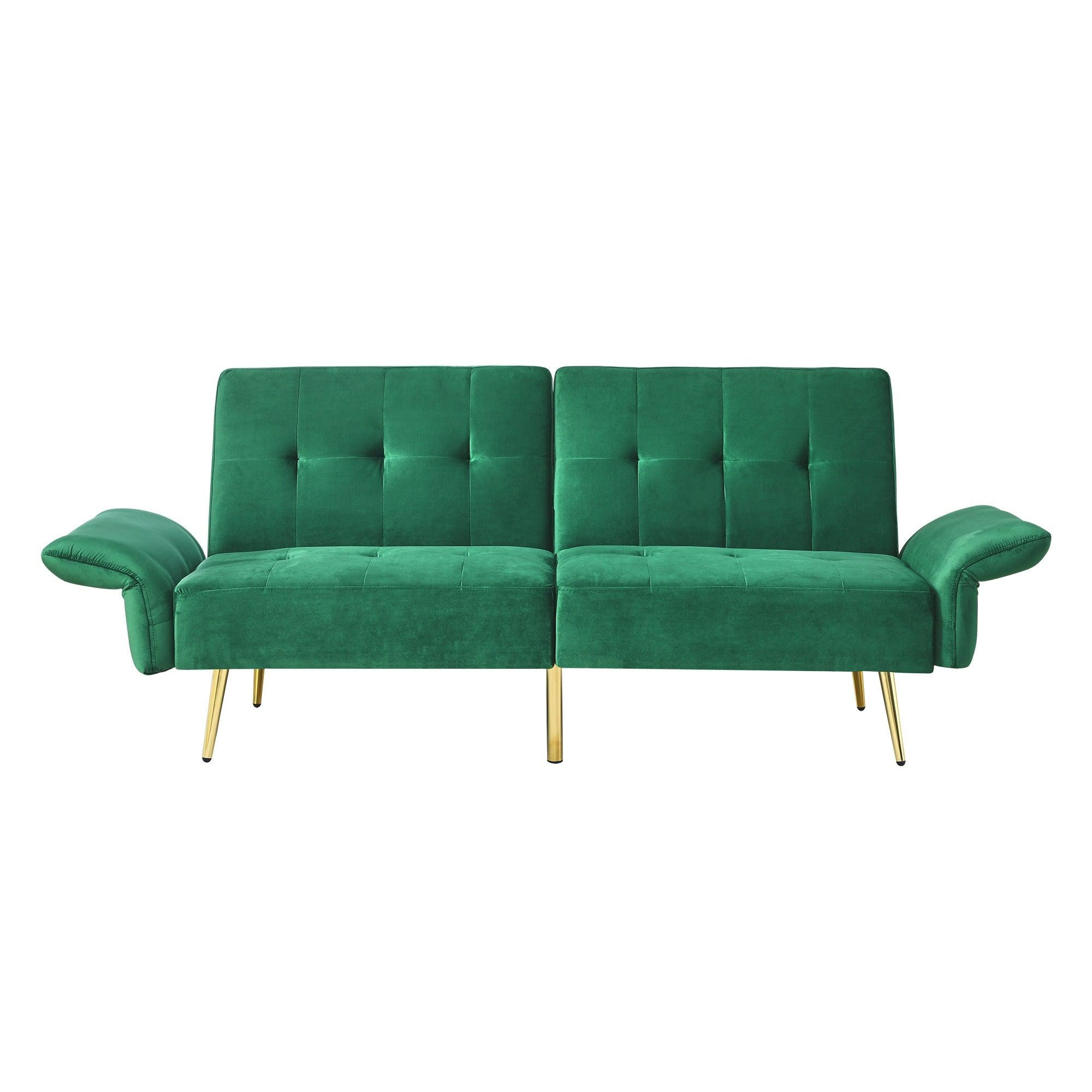 78" Italian Velvet Futon Sofa Bed, Convertible Sleeper Loveseat Couch with Folded Armrests andStorage Bags for Living Room and Small Space, Green 280g velvet