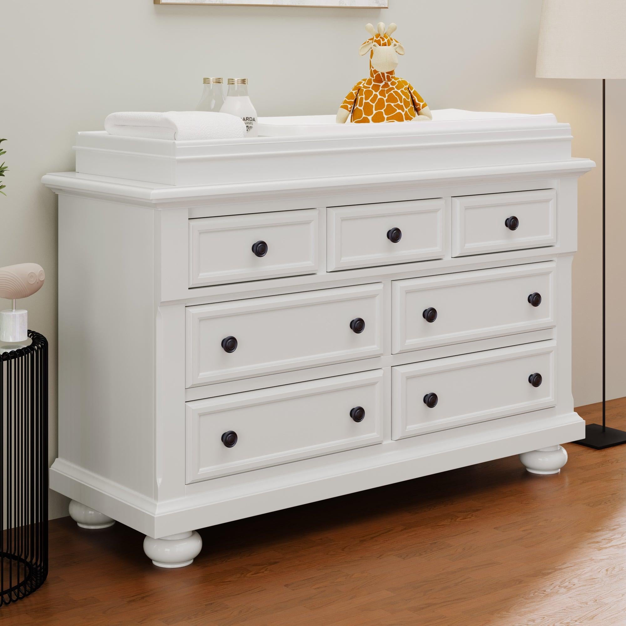 Solid Wood Seven-Drawer Dresser with Changing Topper for Nursery, Kid’s Room, Bedroom, White