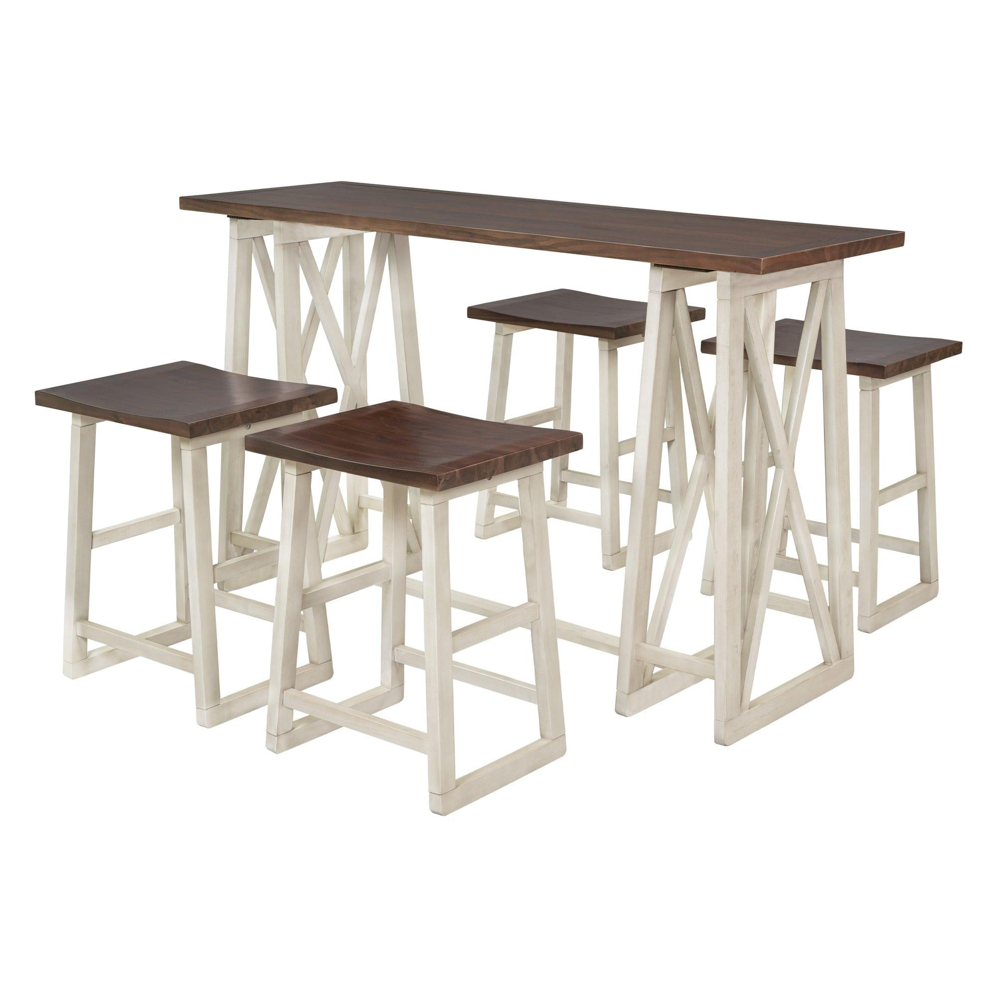 Rustic Counter Height 5-Piece Dining Set, Wood Console Table Set with 4 Stools for Small Places,Walnut+Cream