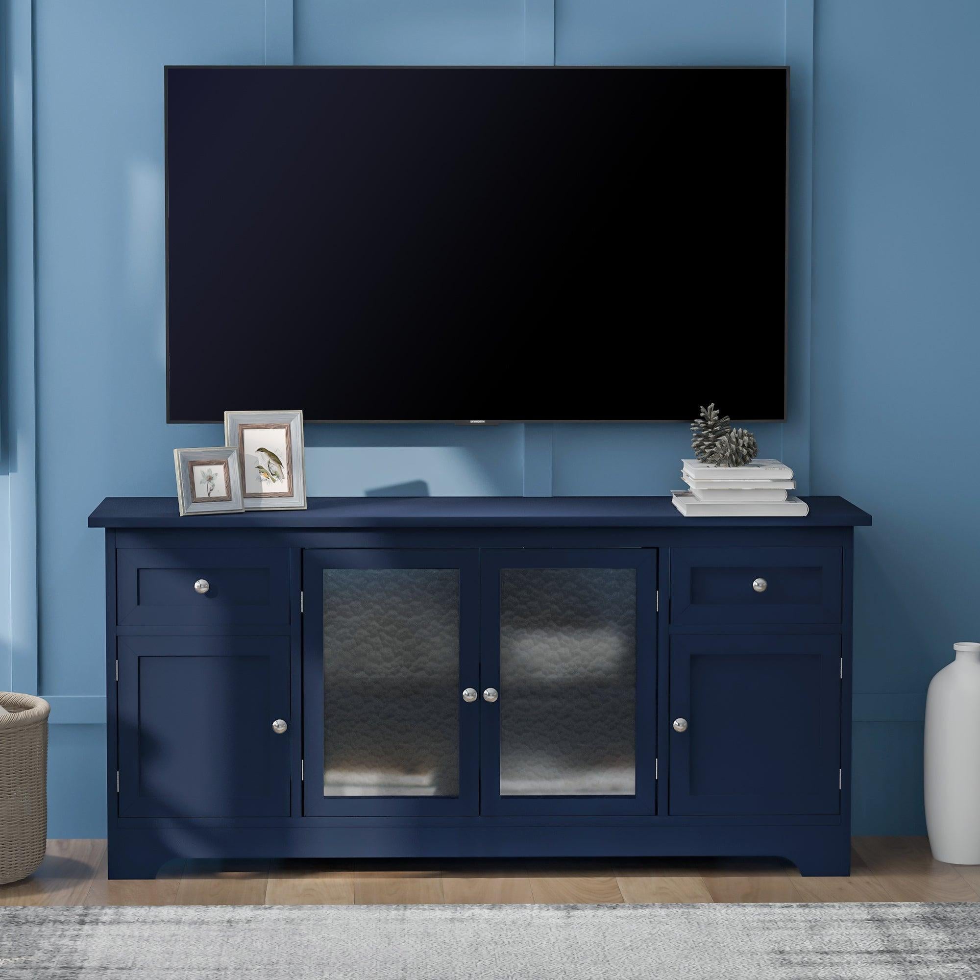 TV Stand for TV up to 65in with 4 Doors Adjustable Panels Open Style Cabinet, Sideboard for Living room, Navy