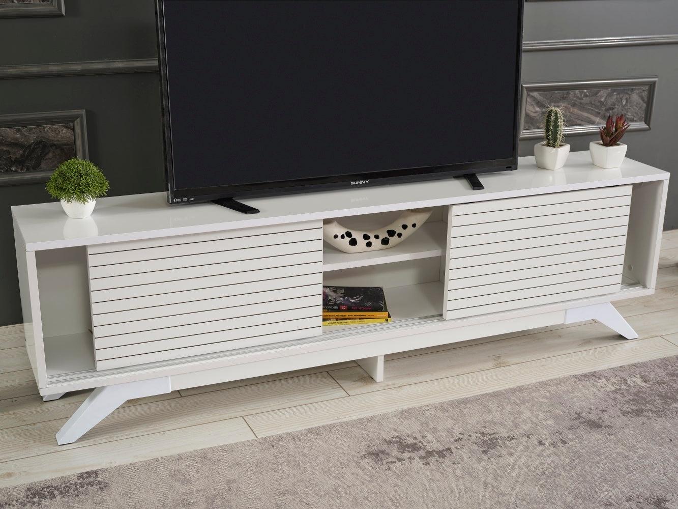 Luxia Mid CenturyModern Tv Stand 2 Sliding Door Cabinet 2 Shelves 67 inch Tv Uni, White